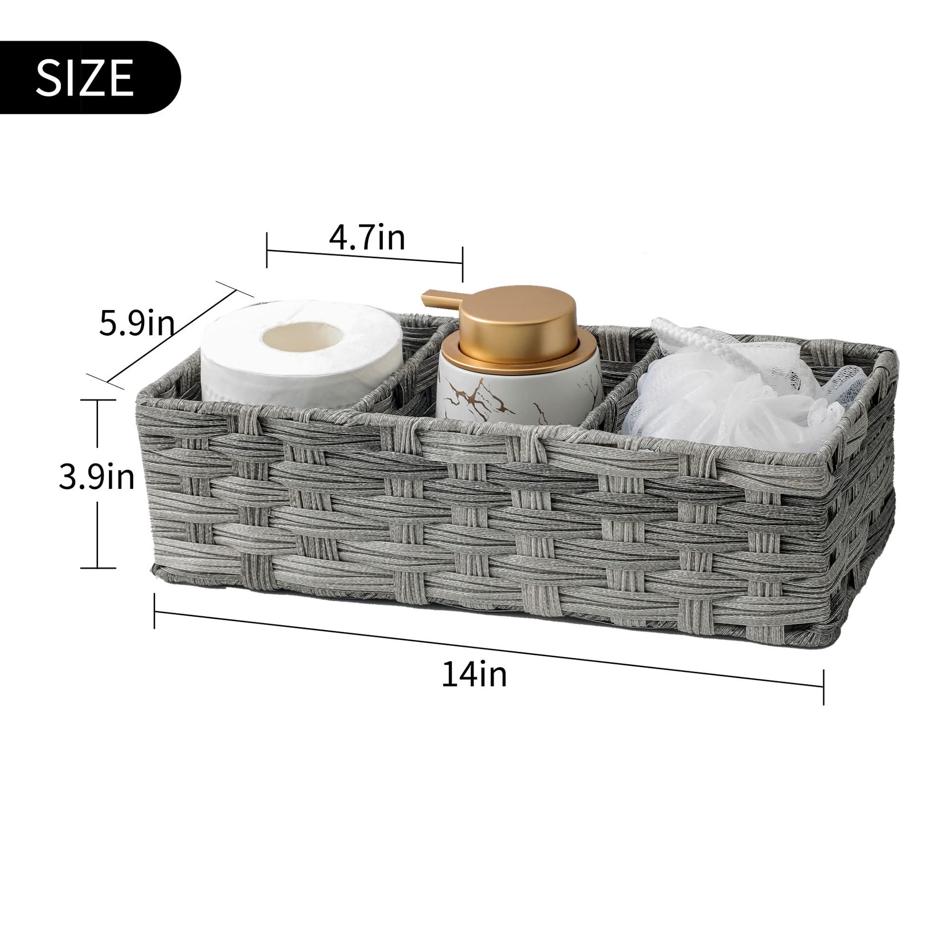 Toilet Tank Topper Paper Basket Multiuse Hand Woven Plastic Wicker Basket Bins with Divider for Shelves Rustic Farmhouse Bathroo