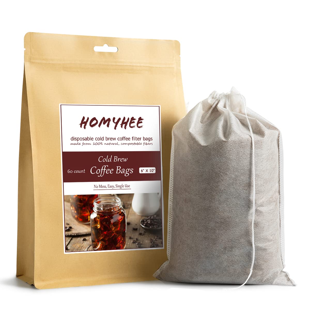 Homyhee Cold Brew Coffee Bags 60 Count Disposable Fine Mesh Brewing Bags For Concentrate/Iced Coffee Maker, French/Cold Press Ki