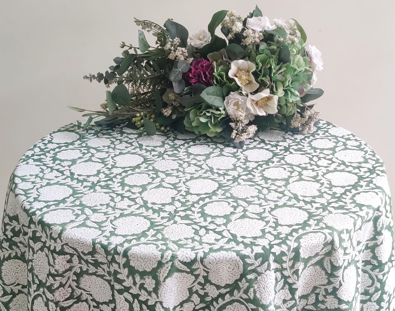 ATOSII Shalimar Green 100% Cotton Round Boho Fall Tablecloth, Handblock Floral Table Cloth Linen for Kitchen Dining I Parties We
