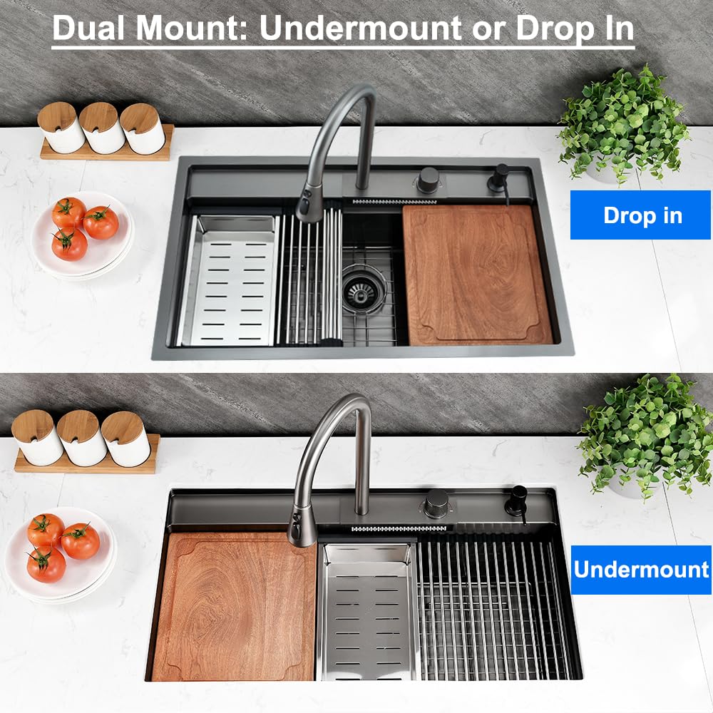 33 Inch Black Undermount Kitchen Sink Waterfall Workstation, Boomhoze 33X19 Waterfall Kitchen Sink Dual Mount Workstation Sink B