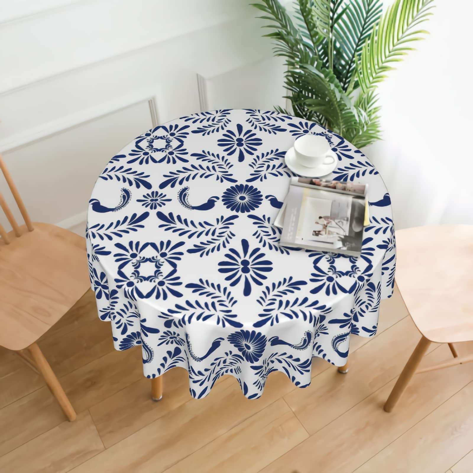 Cafl Round Tablecloth Blue And White Porcelain Floral Mexican Talavera Table Cloths Waterproof For Party Dining Holiday Banquet