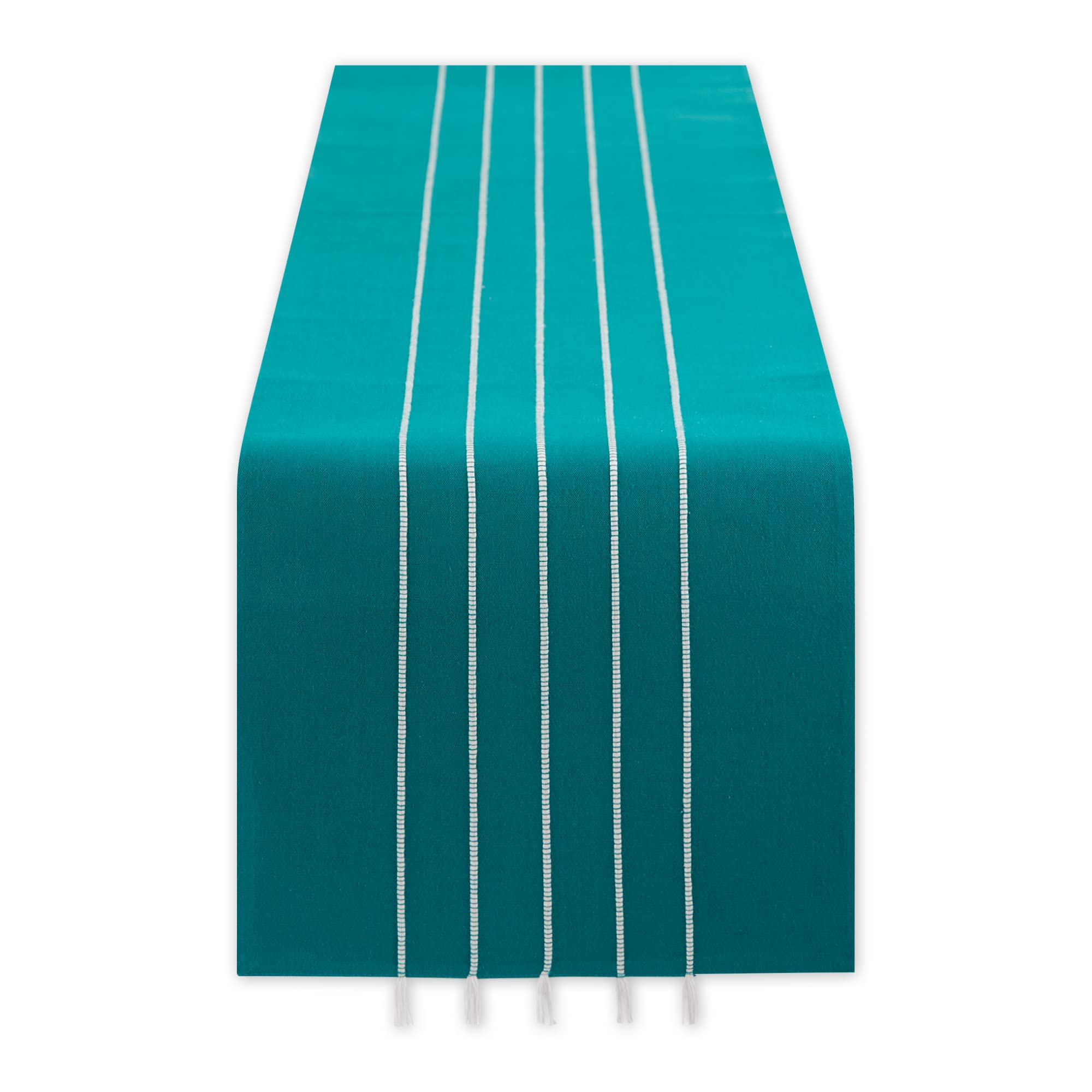 TEAL STRIPE TASSEL TABLE RUNNER 14x108