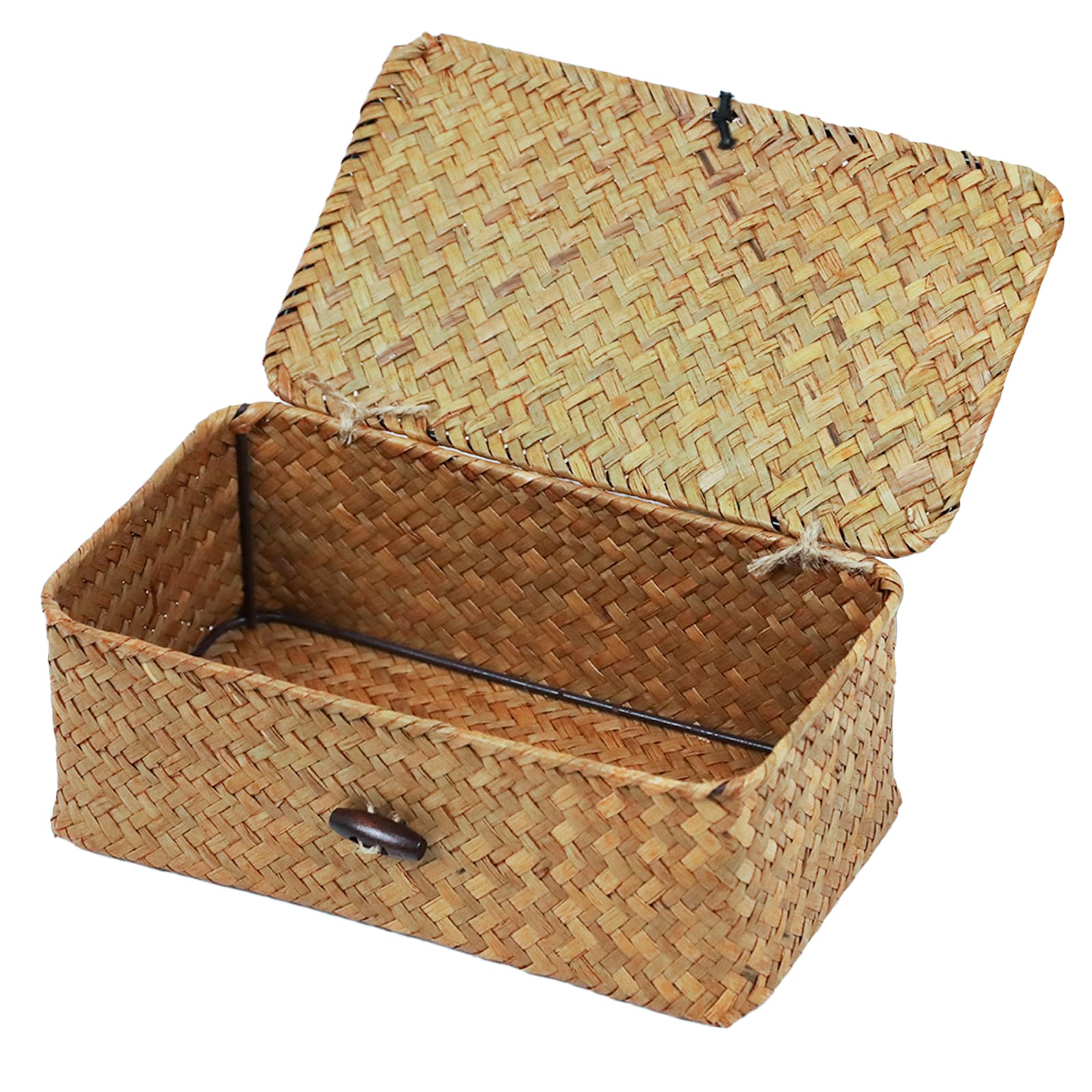 Wicker Storage Basket With Lid, Natural Seagrass Storage Baskets For Organizing, Rectangular Woven Basket For Storage, Decorativ