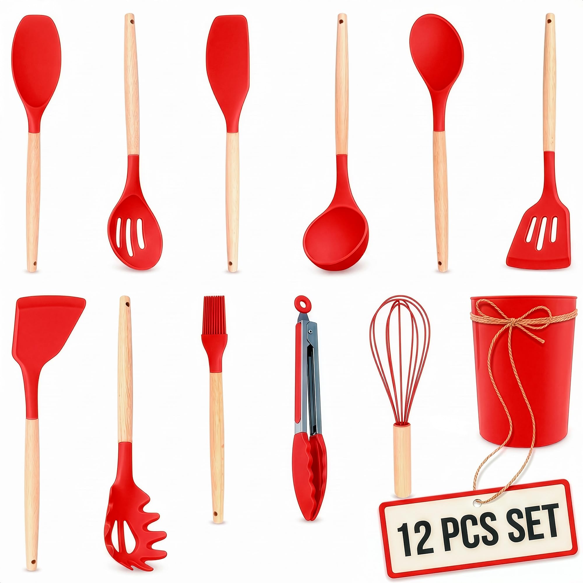 12 Pcs Red Kitchen Accessories with Holder for Nonstick Cookware