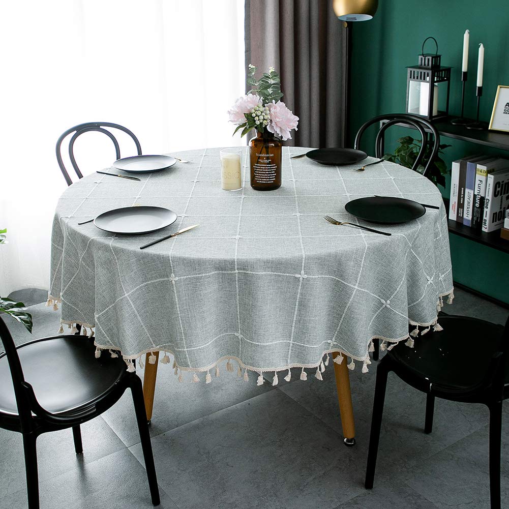 Colorbird Solid Embroidery Lattice Tablecloth Cotton Linen Dust-Proof Gray Table Cover For Kitchen Dinning 70 Inch Round Tablecl