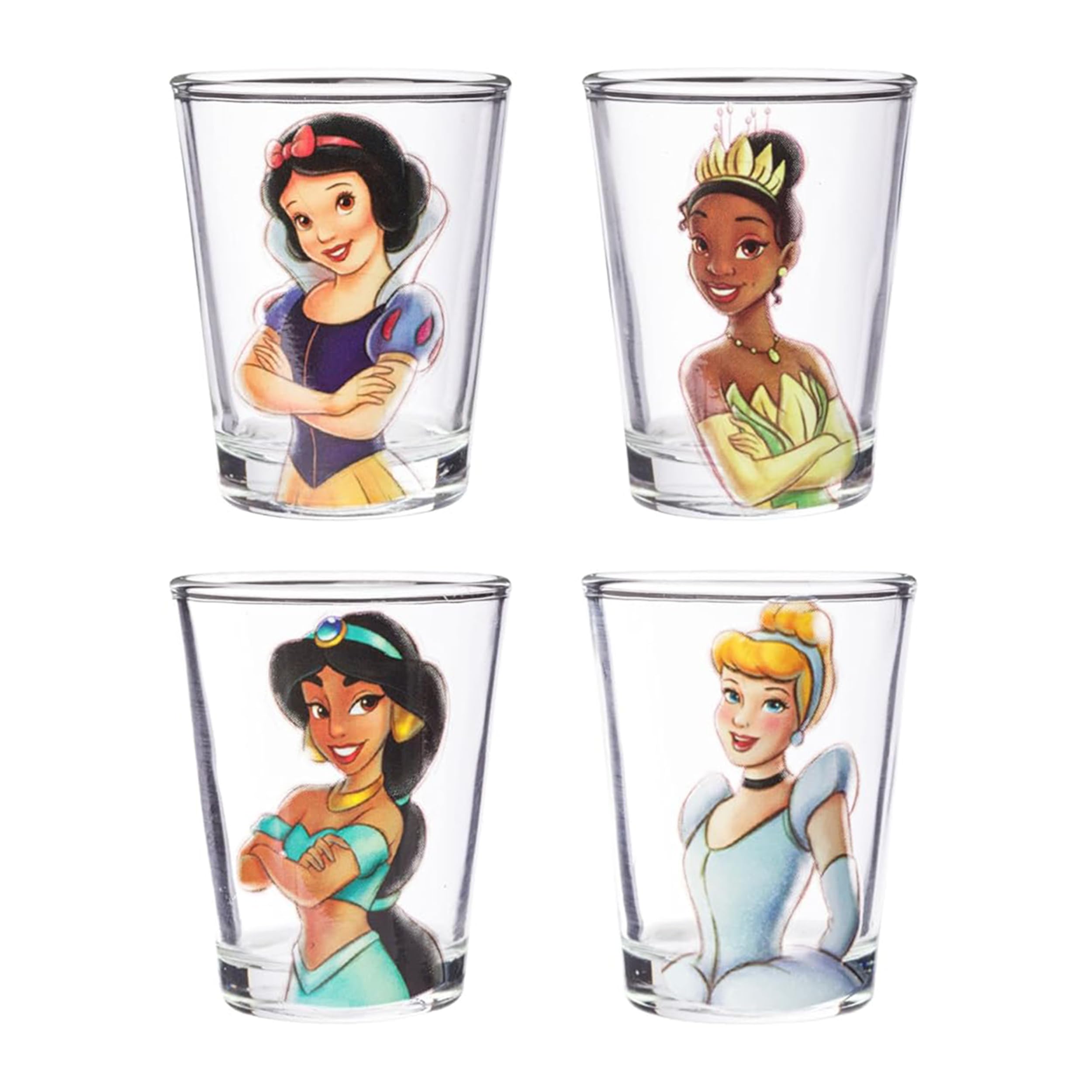 Silver Buffalo Disney Princess Vintage Sketch Featuring Cinderella, Tiana, Snow White, And Jasmine 4 Pack Mini Glasses, 1.5 Ounc