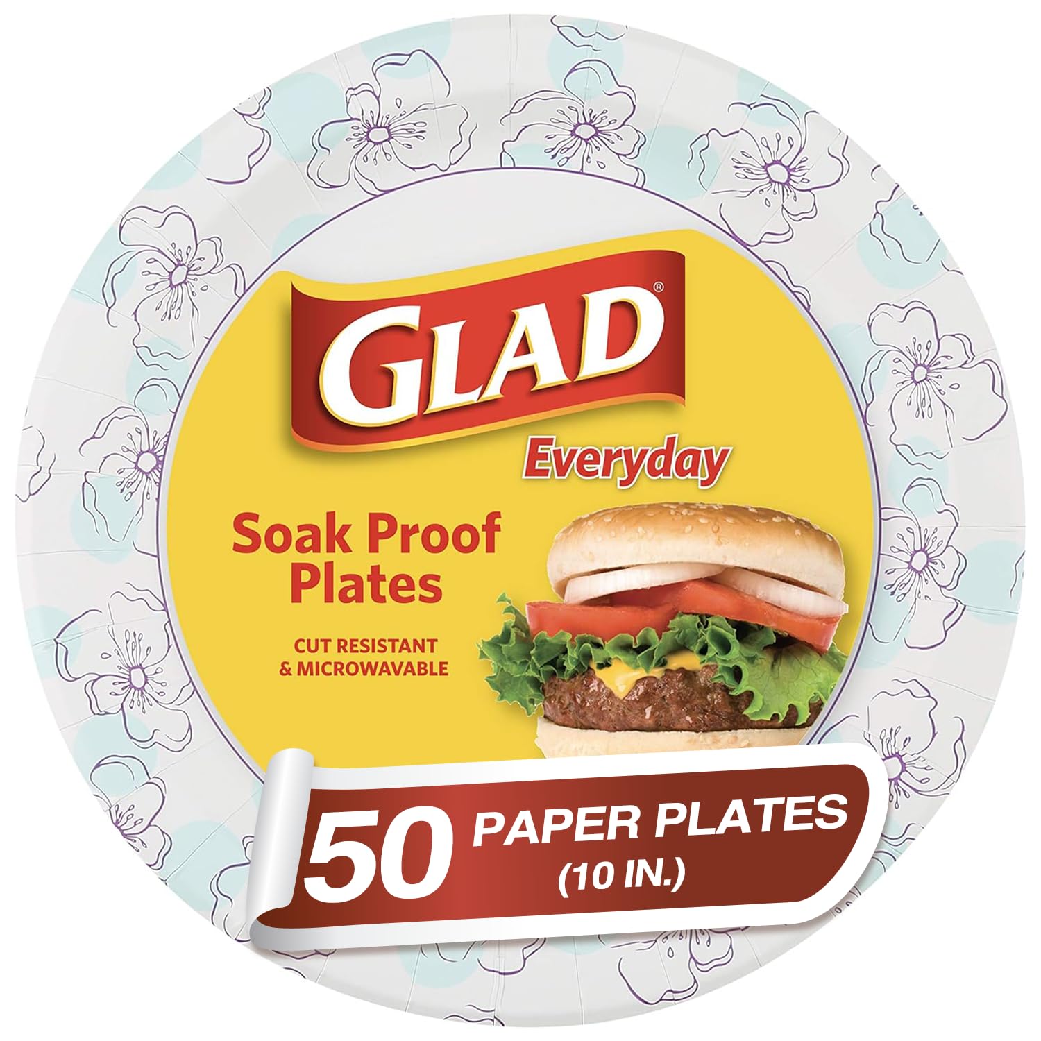 Glad 10 Inch Round Paper Plates 50 Count - Heavy Duty Round Disposable Plates For Parties - Sturdy, Soak Proof, Microwave Safe P