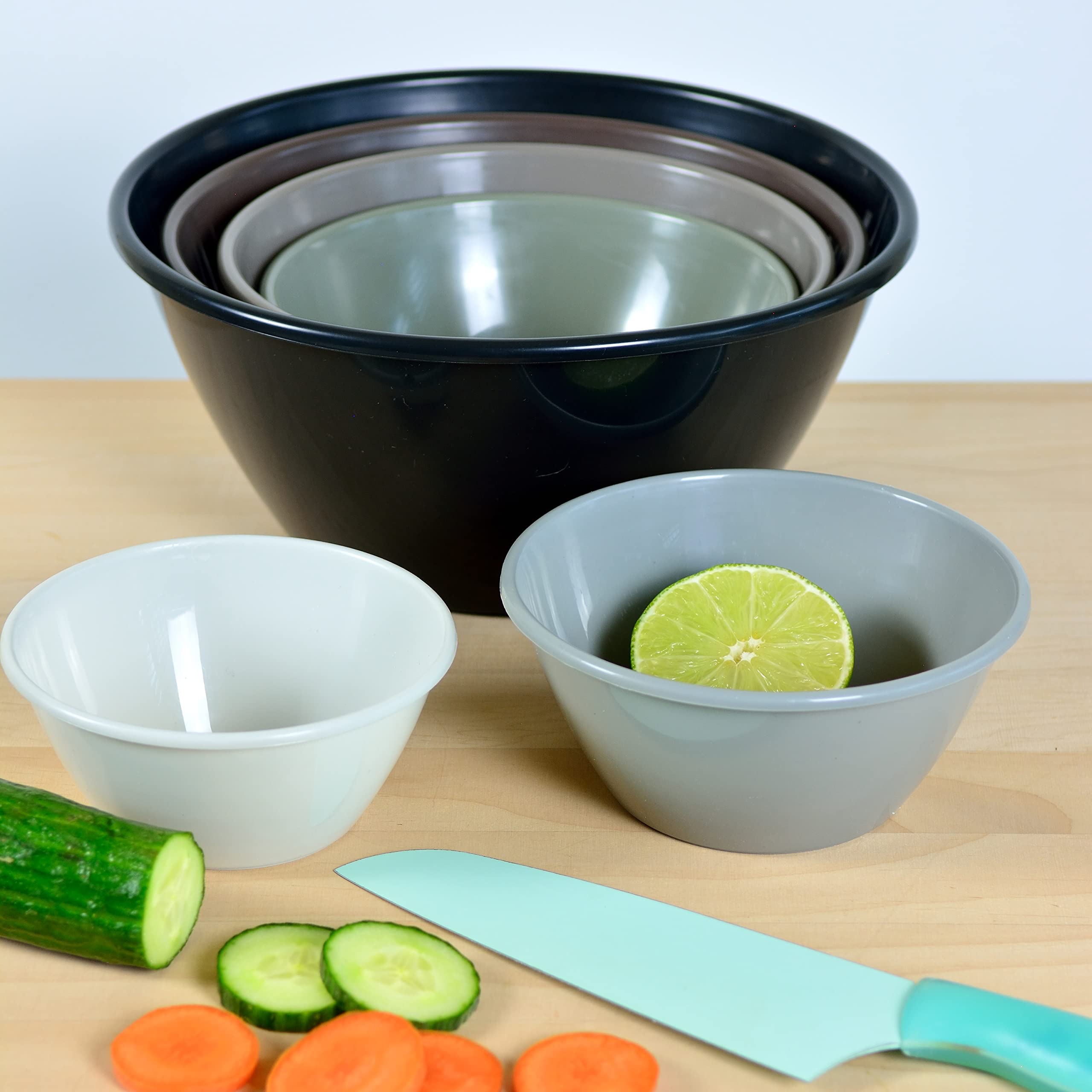 Youngever 6 Pack Large Plastic Mixing And Serving Bowls, Plastic Nesting Bowls Set - 120Oz, 80Oz, 50Oz, 32Oz, 22Oz, 12Oz (Urban