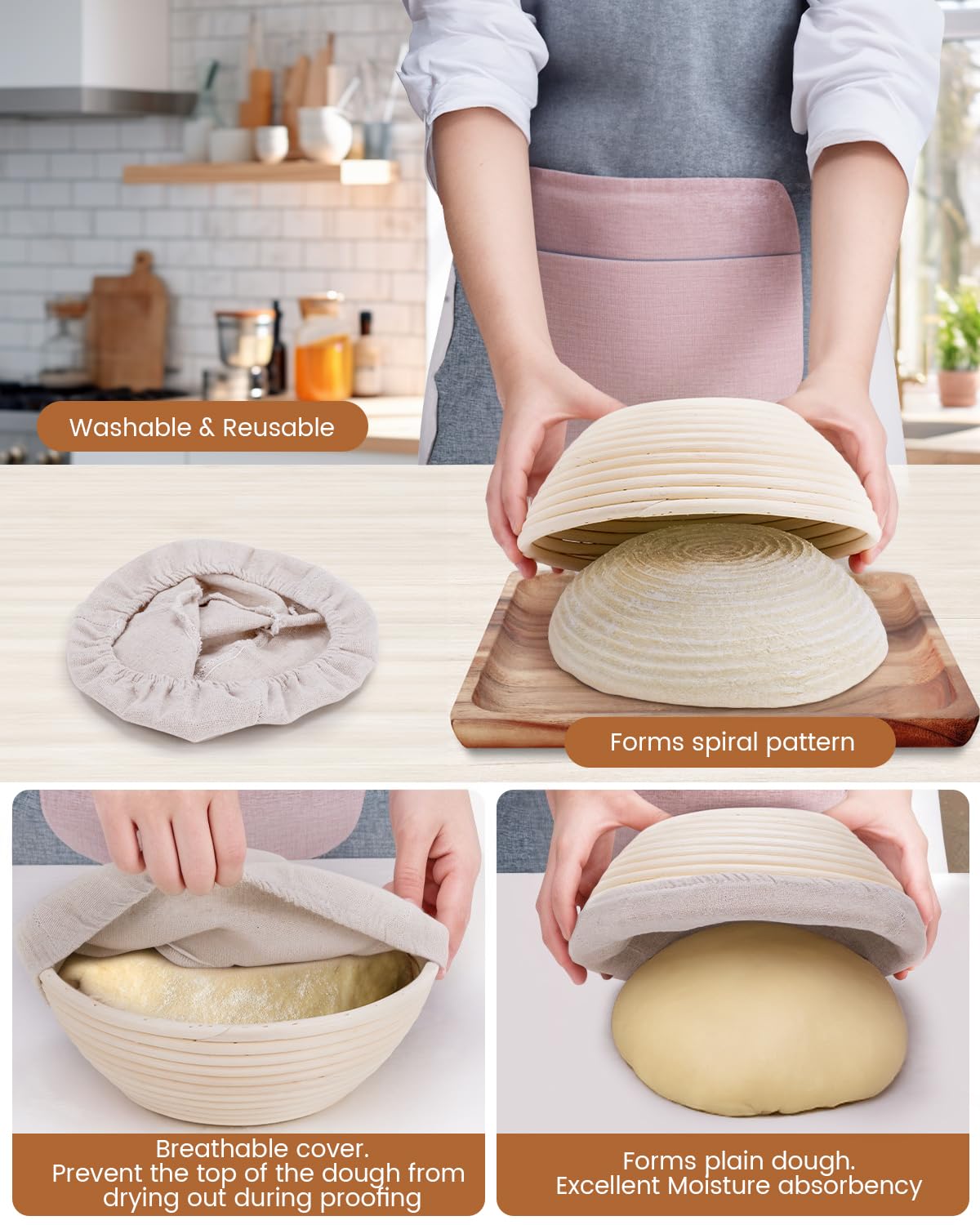 Pitch Pulse Bread Proofing Basket Set, 9 Inch Round + 10 Inch Oval Banneton Bowl, Sourdough Bread Making Tools Kit With Dough Wh