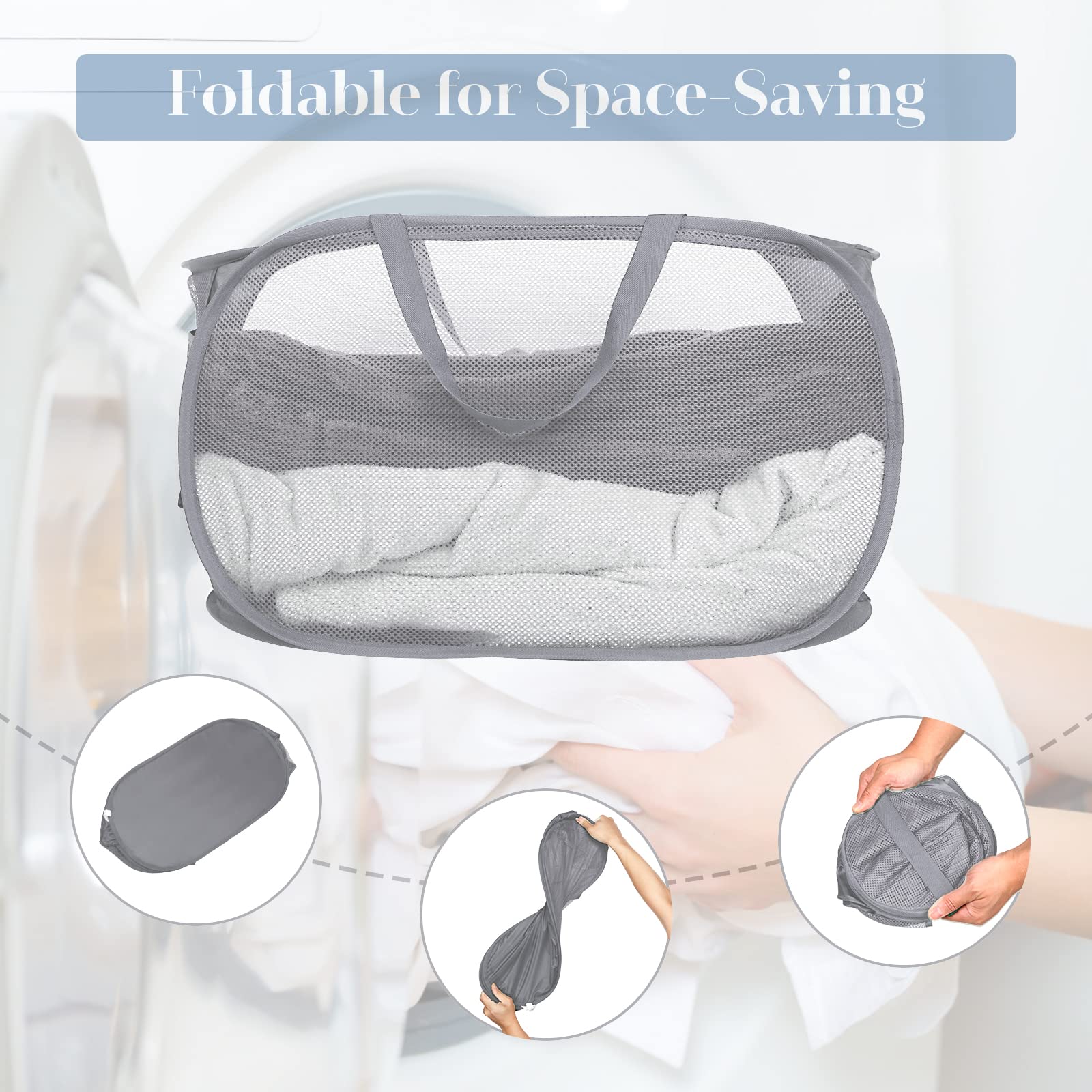 3 Pack Collapsible Laundry Baskets, Foldable Laundry Basket With Pocket, Mesh Pop Up Hampers, Reinforced Handles Dirty Clothes H