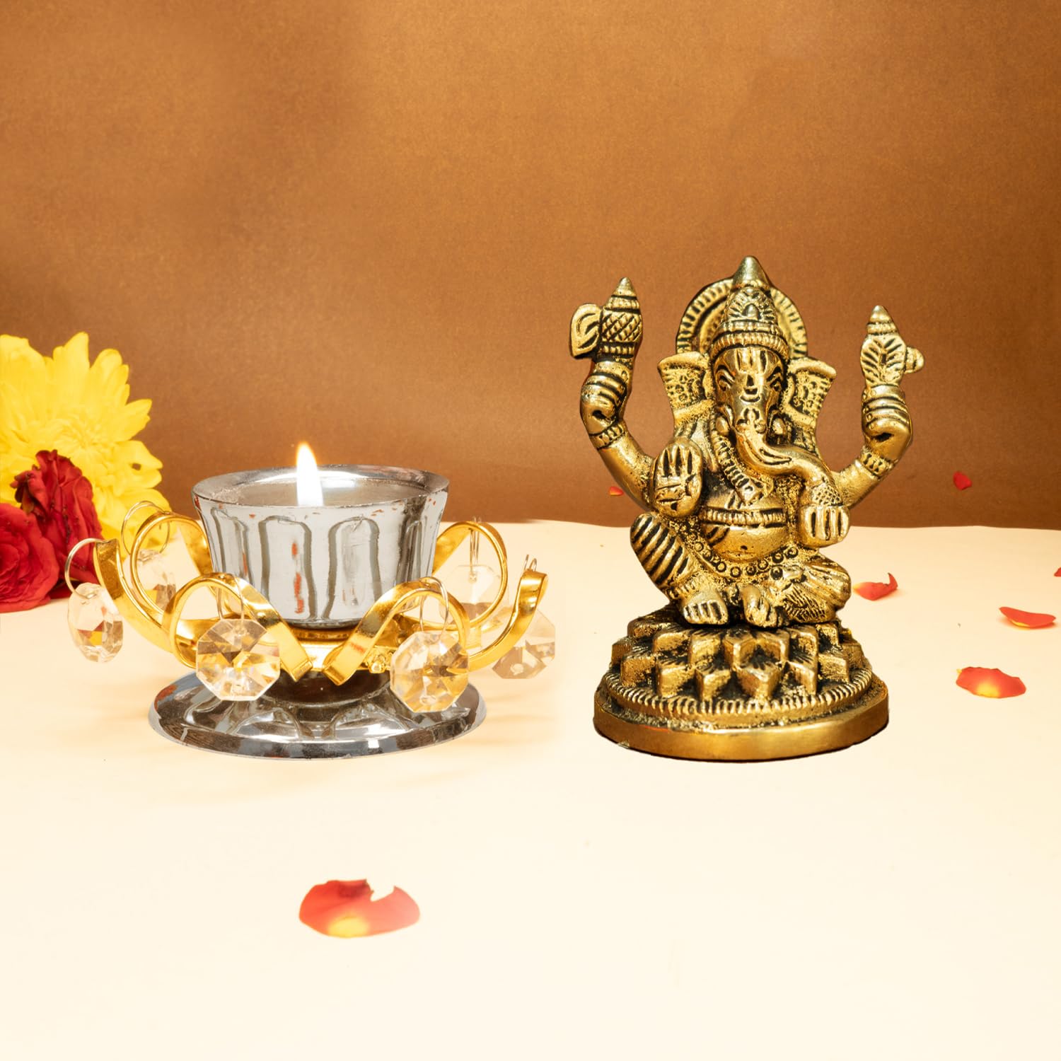 Ekhasa 100% Pure Brass Ganesha Idol & Tealight Candle Holder (Size: 8.4 Cm) | Pital Ganesh Murti For Pooja Room, Home Decor, Off