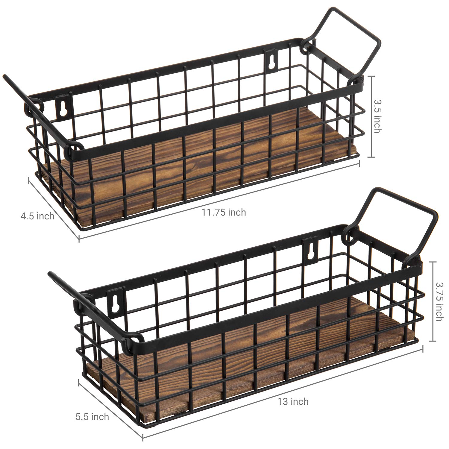 Mygift Wall Mounted Or Tabletop Rustic Black Metal Wire And Burnt Wood Small Decorative Storage Baskets With Handles, Set Of 2