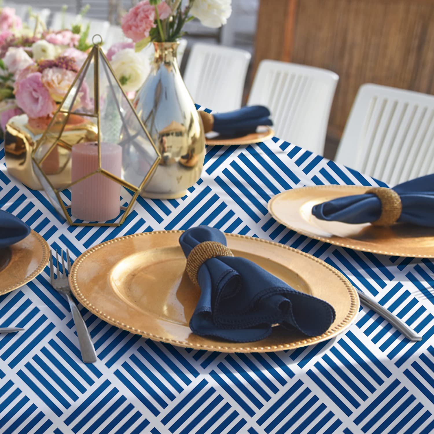 Bnejvif Oval Tablecloth Blue Striped Tablecloth, Modern Oval Tablecloth, Geometric Tablecloth, Indooroutdoor Waterproof Wrinkle