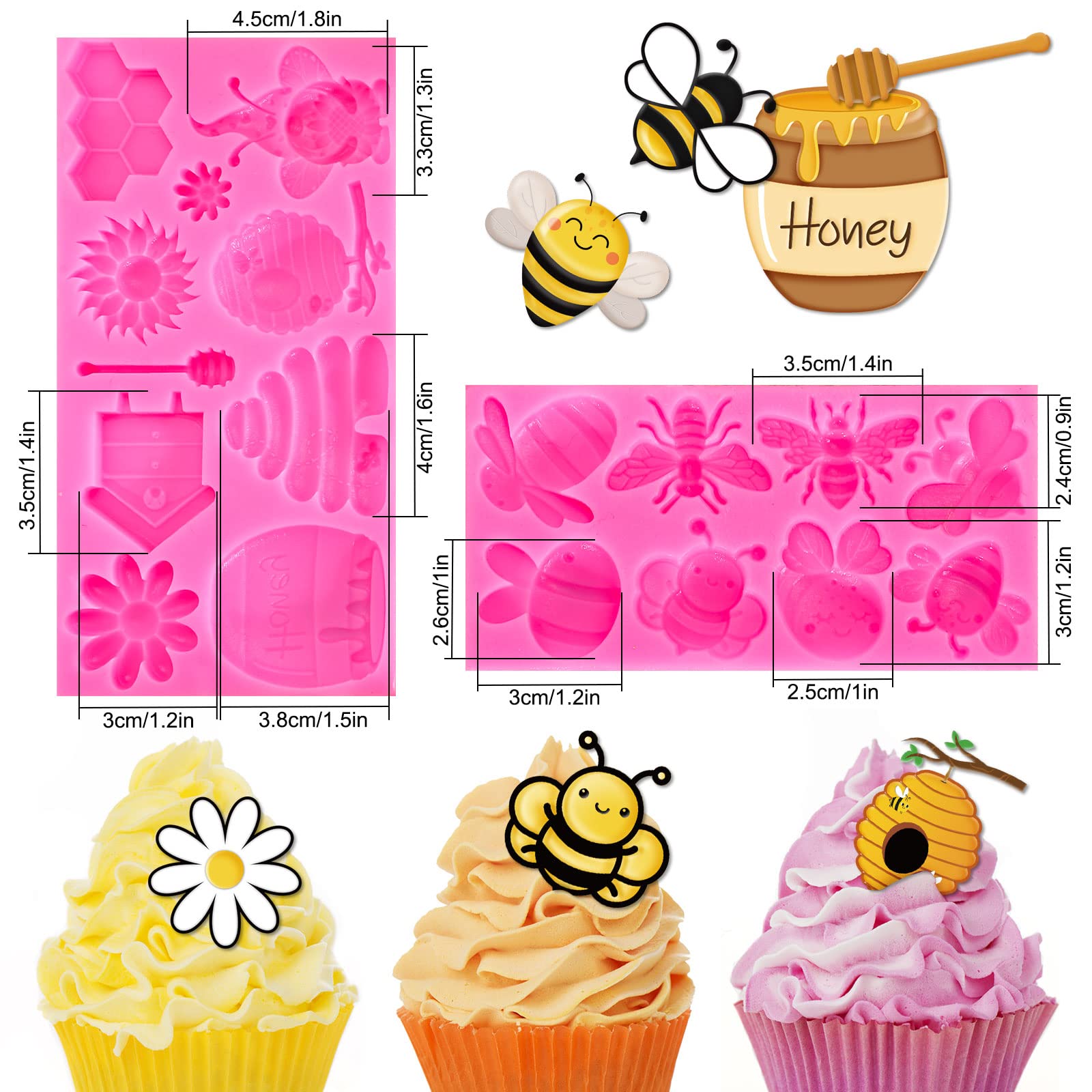 Whaline Bumble Bee Fondant Molds 3D Silicone Moulds Sunflowers Honey Pattern Resin Molds Honeycomb Bumblebee Cupcake Cookie Baking Decorating Moulds for Spring Summer Party DIY Candy 2Pcs