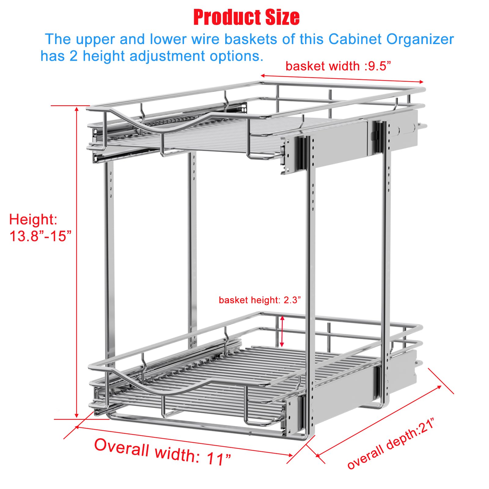 Dindon 2 Tier Pull Out Cabinet Organizer (11'' W X 21'' D), Double Tier Wire Basket Slide Out Shelf Storage For Kitchen Base Cab