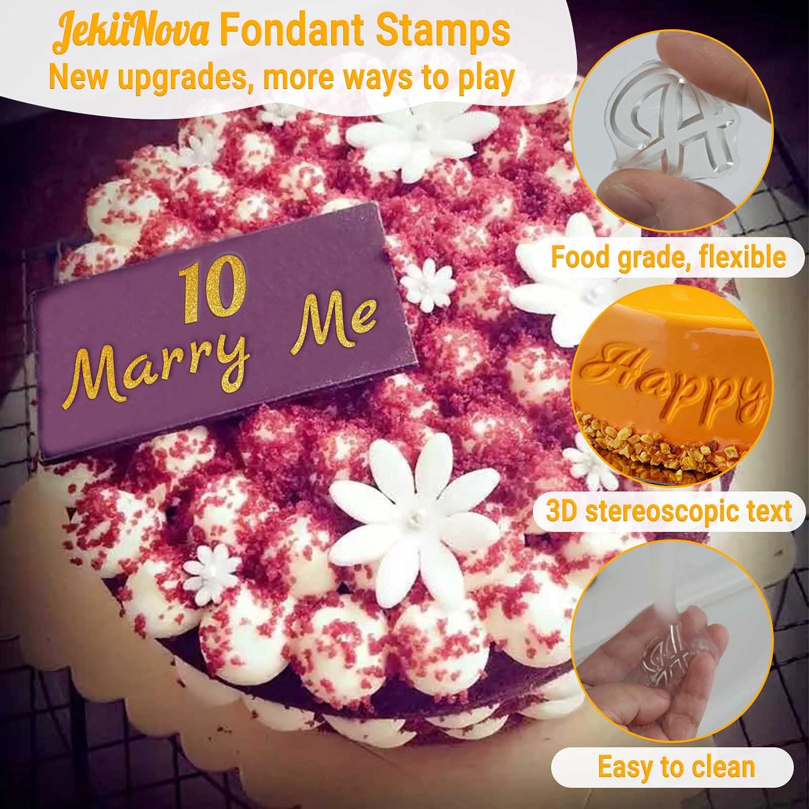 4 PCS Alphabet Letter Fondant Stamps for Biscuit Cake Cookie  Upgraded Food Grade Alphabet Cake Stamp Tool Uppercase Extra Spare Lowercase Numbers Phrases for Christmas Party Reusable Cookie Stamp