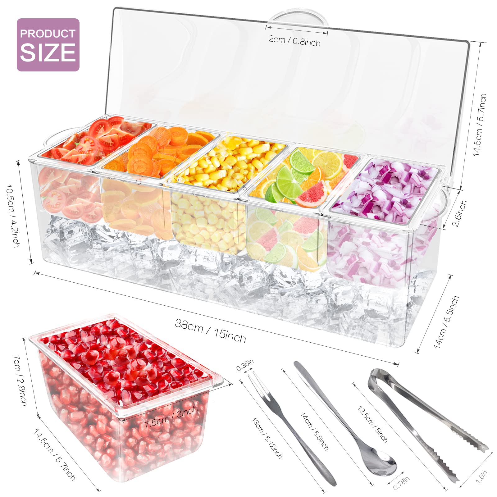 Fodiens 5 Compartment Condiment Server, Ice Chilled Condiment Containers With Lid, Clear Condiment Caddy Serving Tray On Ice Wit