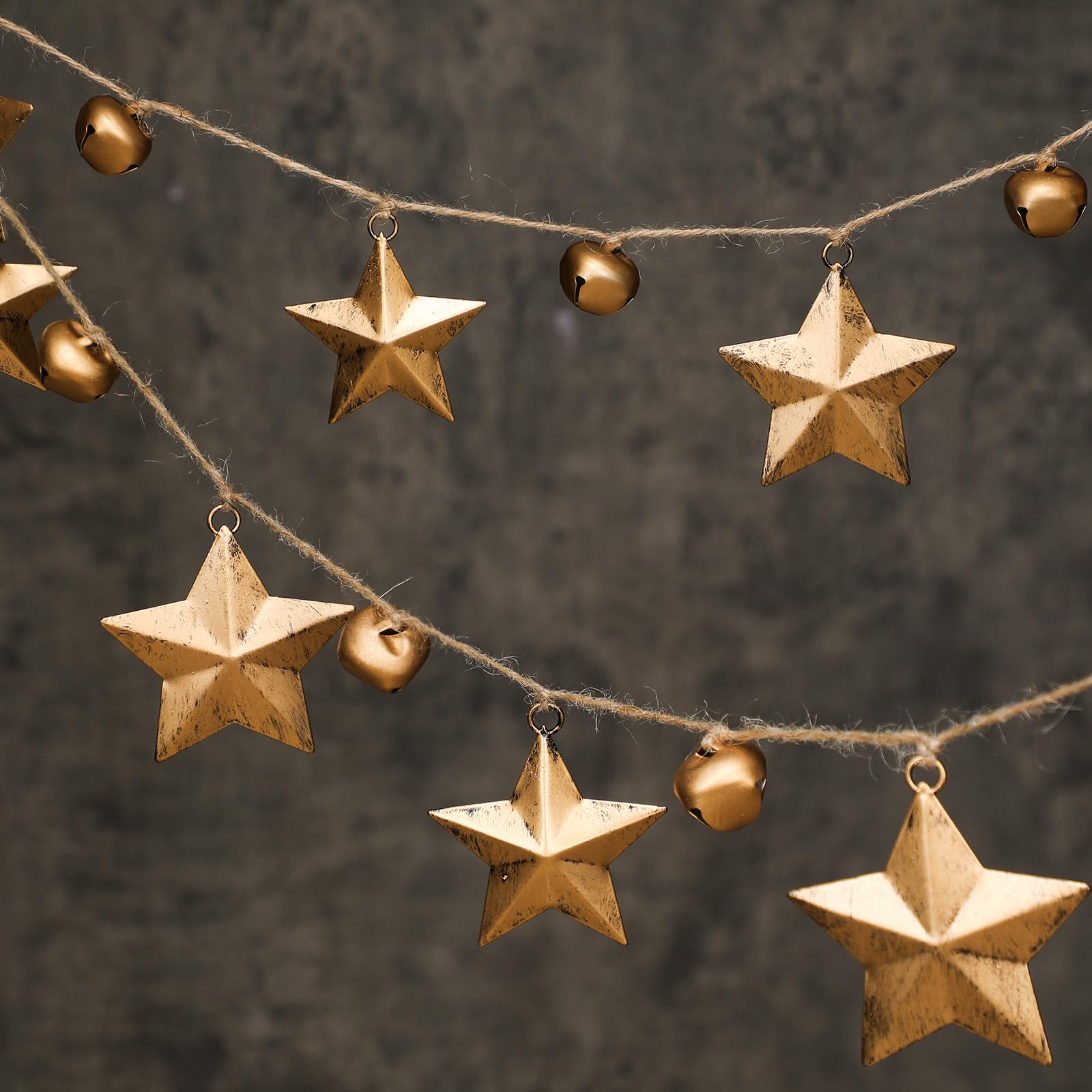 Moxweyeni Rustic Iron Metal Stars Garland 5 ft Antique Star Decor Retro Brass Finish Christmas Holiday Decor for Vintage Country