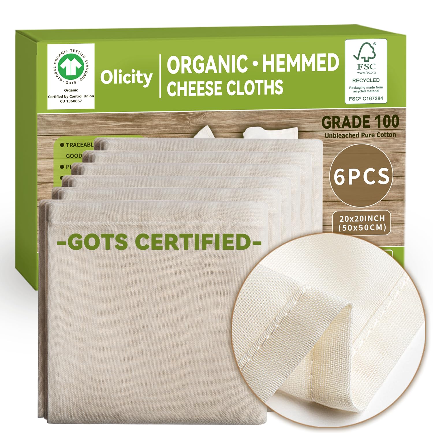 Organic Cheese Cloths, GOTS Certified, 6Pack, Grade 100, 20x20Inch Hemmed Cheese Cloth Fabric Reusable Fine Mesh Cloth, 100% Cot