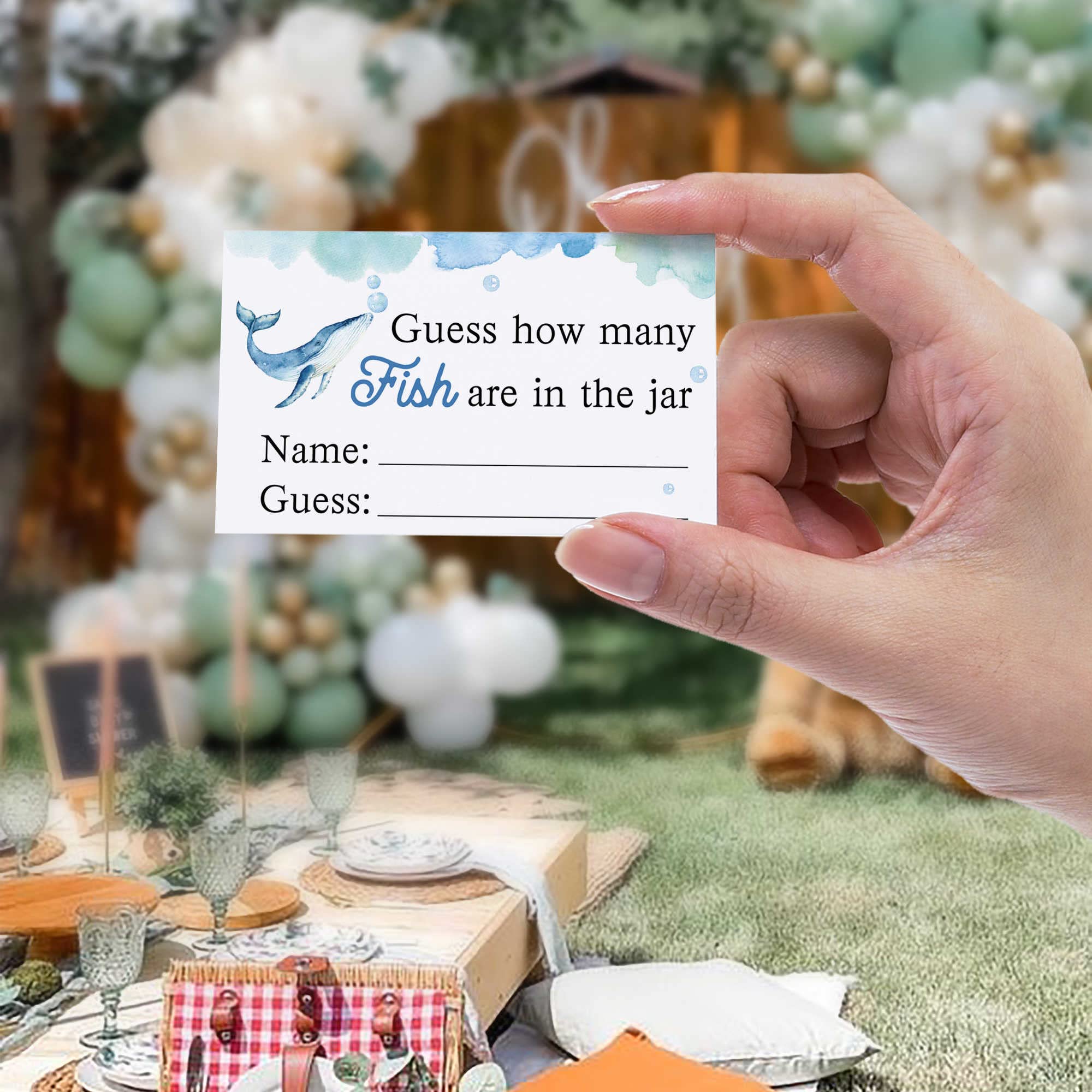 Guess How Many Fish In The Sea Mermaid Party Game ,How Many Candy Sharks Game, Watercolor Ocean Themed Baby Showers Decorations