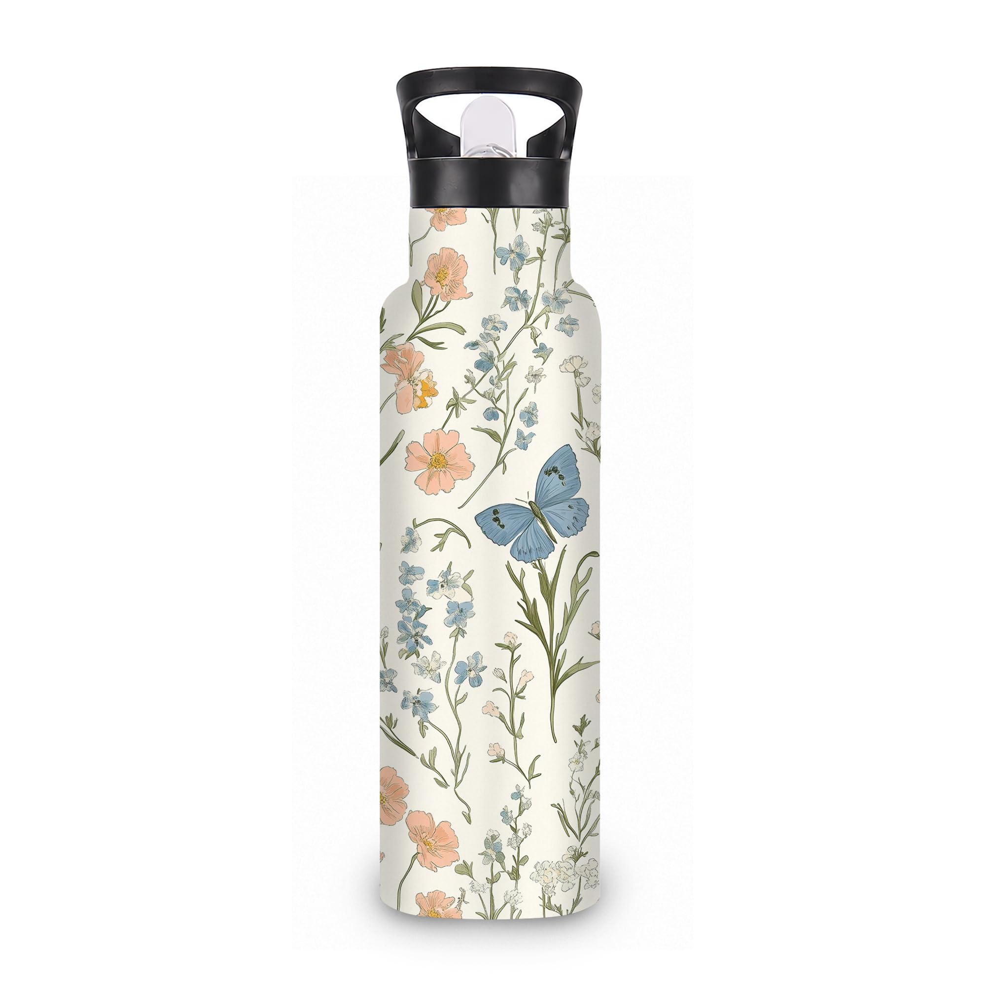 ICRICR Wildflowers Butterfly 20 oz Insulated Water Bottles Plants Stainless Steel Thermal Bottle Leak Resistant with Straw Twist