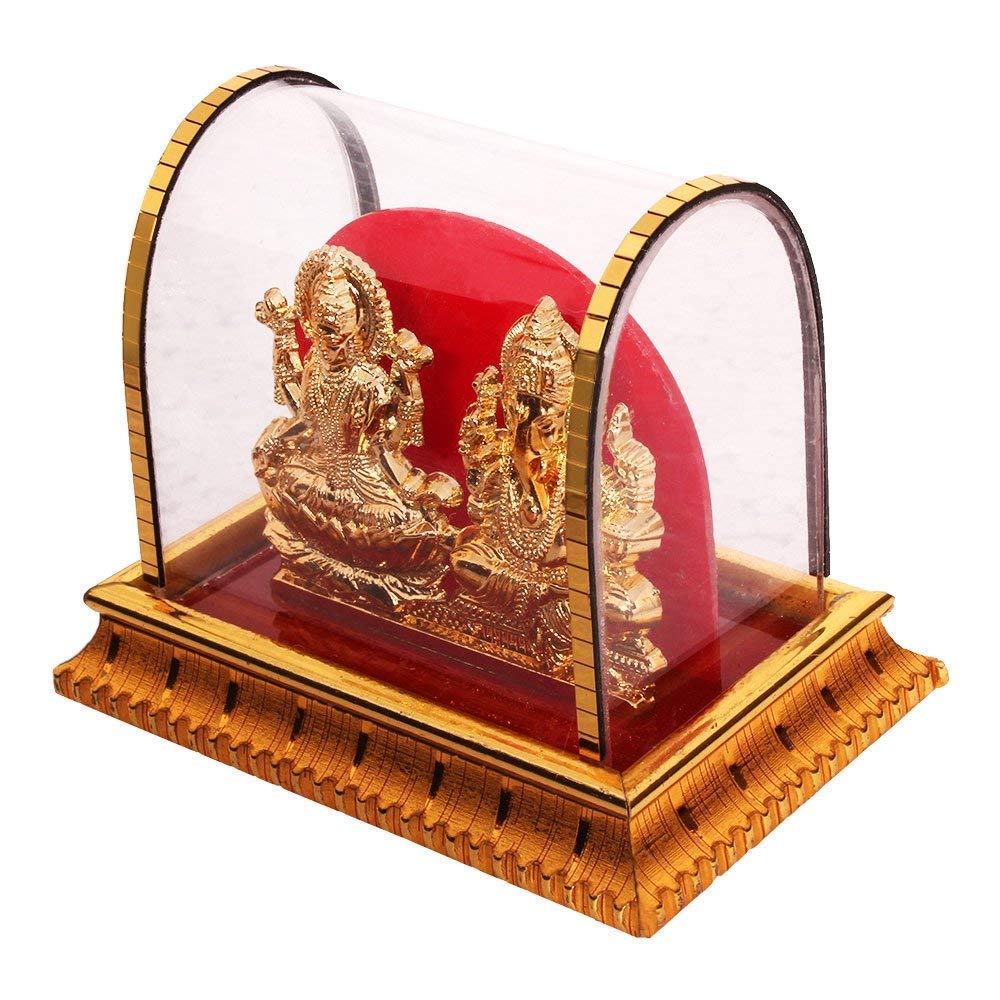 Gold Plated Lord Ganesh & Maa Laxmi Acrylic Saraswati Idol Hindu God Ganpathi & Goddess Laxmi Pooja Mandir Spiritual Figurine St
