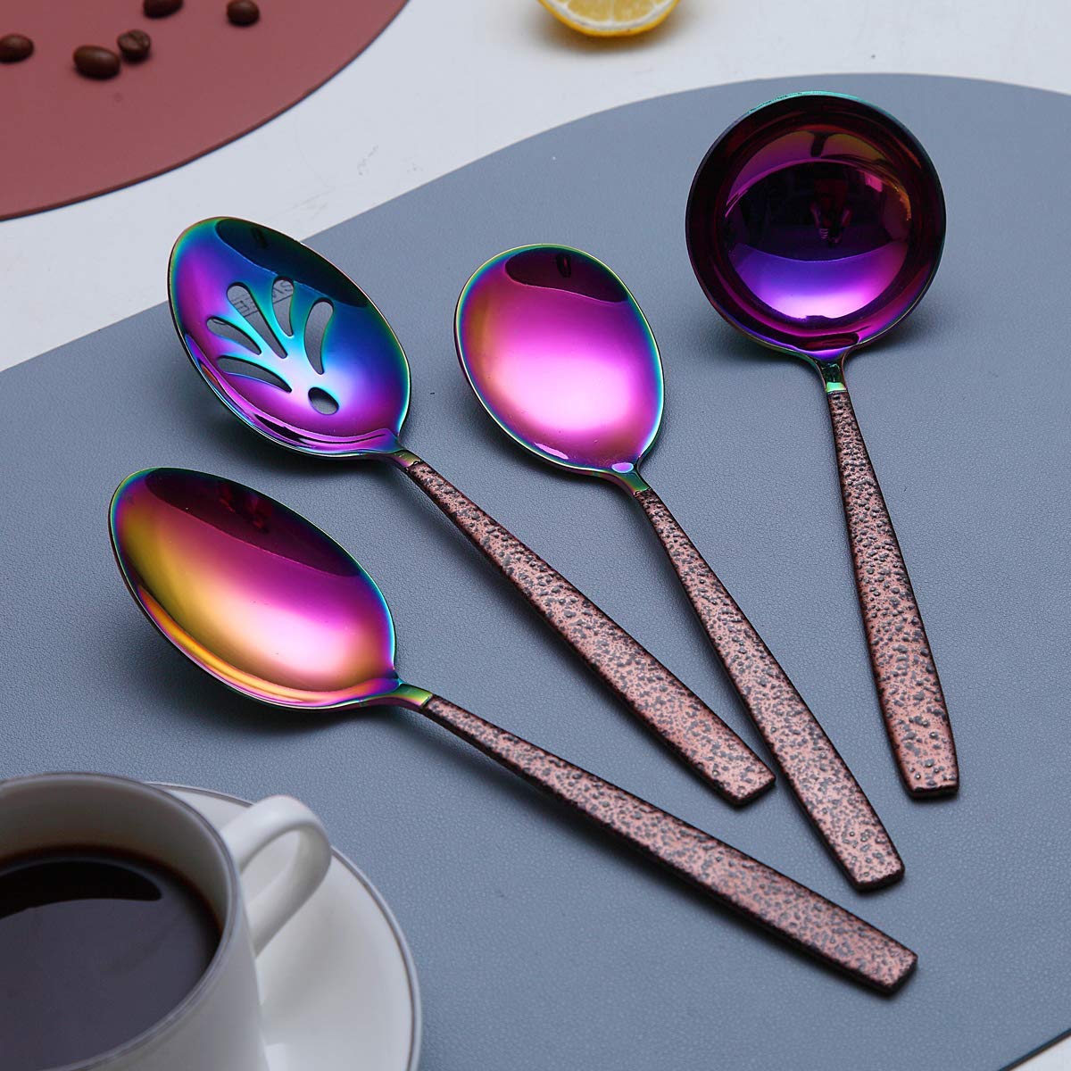 Berglander Silverware Serving Set 10 Pieces With Moon Surface Handle And Shiny Rainbow Mouth Titanium Plating, Stainless Steel M