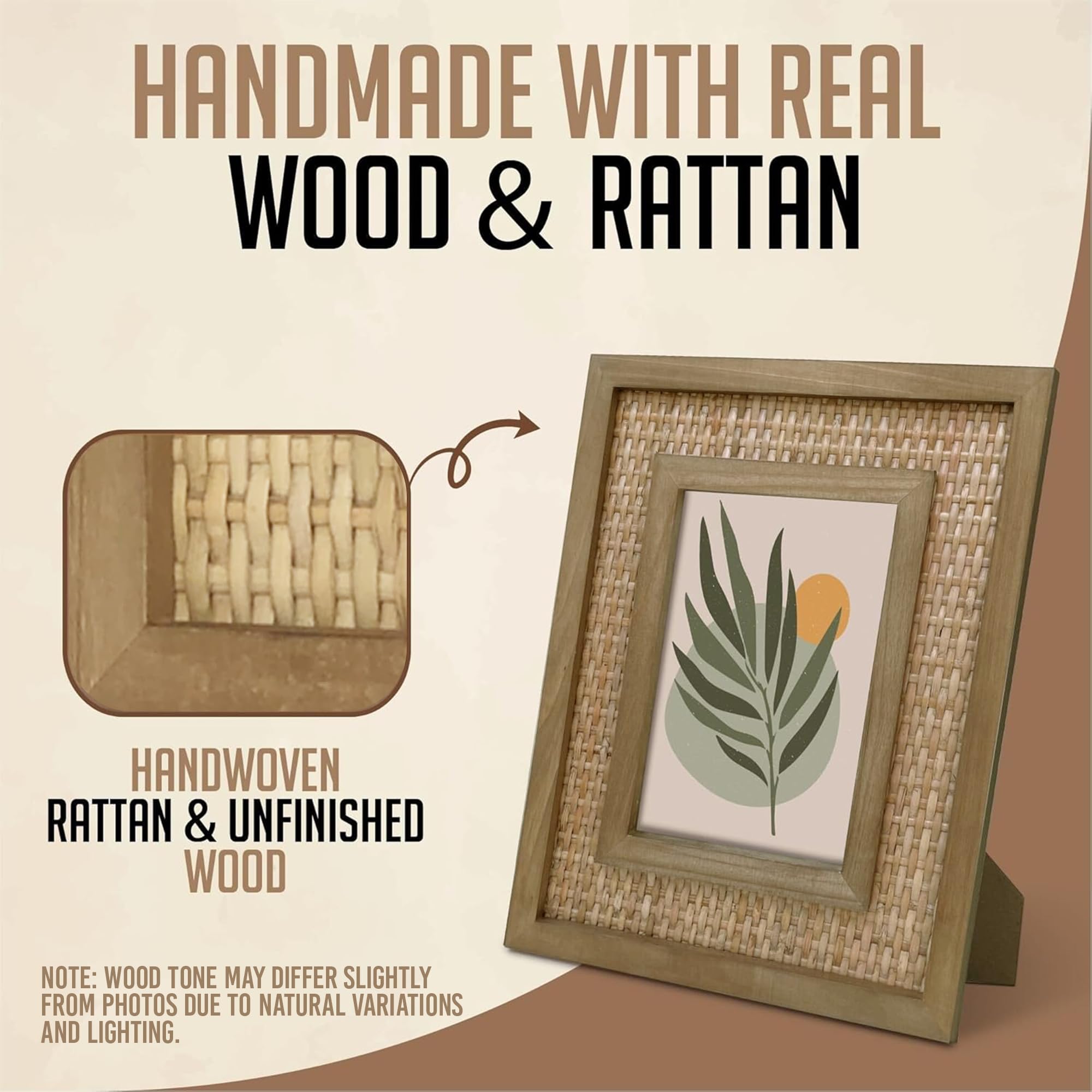 Fairwood Way - Rattan and Wood Picture Frame for 5x7 Inch Photo or Artwork - Boho, Coastal, or Beach Photo Frame, Wooden Decorat