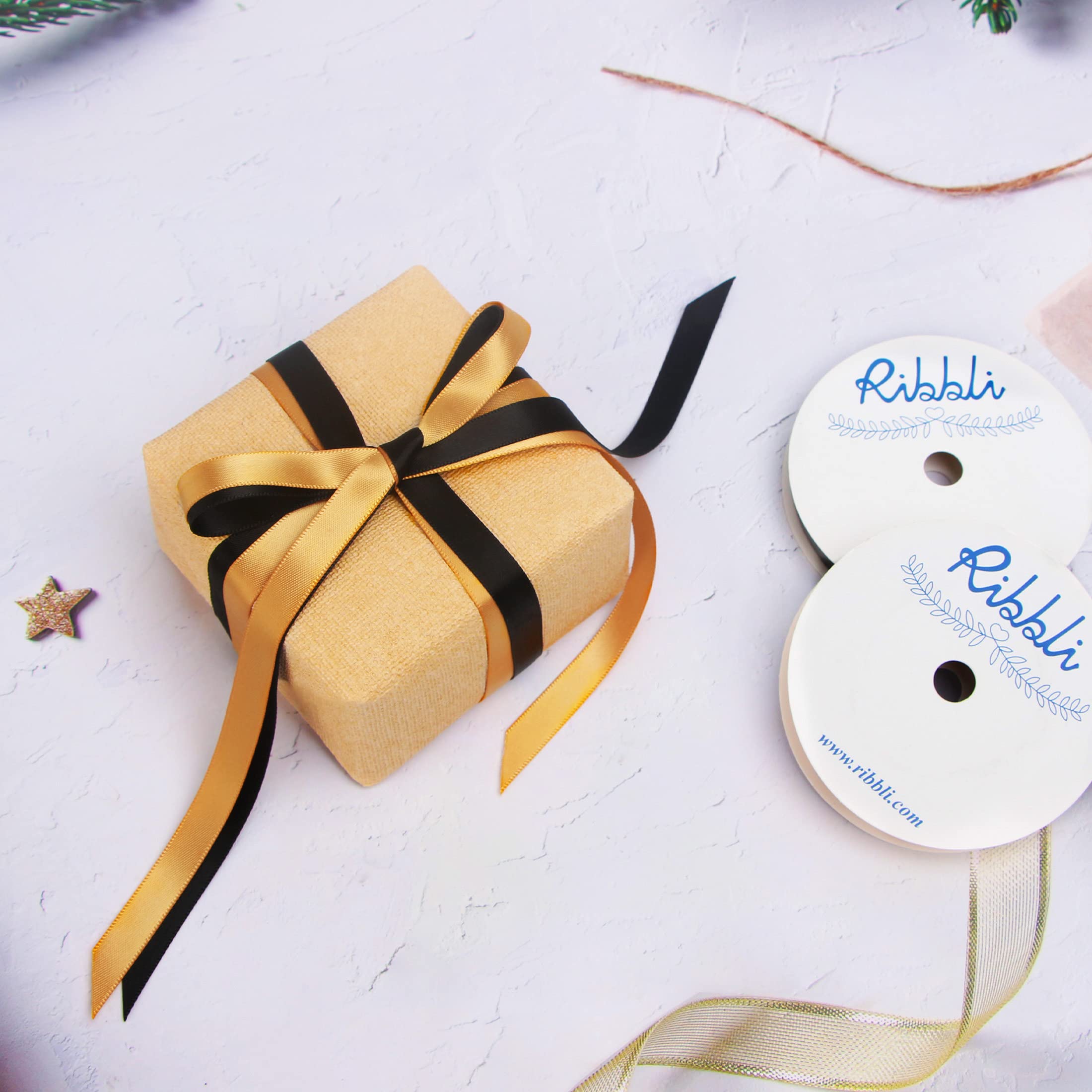 Ribbli 2 Rolls Satin Old Gold  Black Craft Ribbon,Total 20 Yards,( Old Gold 38-Inch X 10-Yard, Black 38-Inch X 10-Yard )