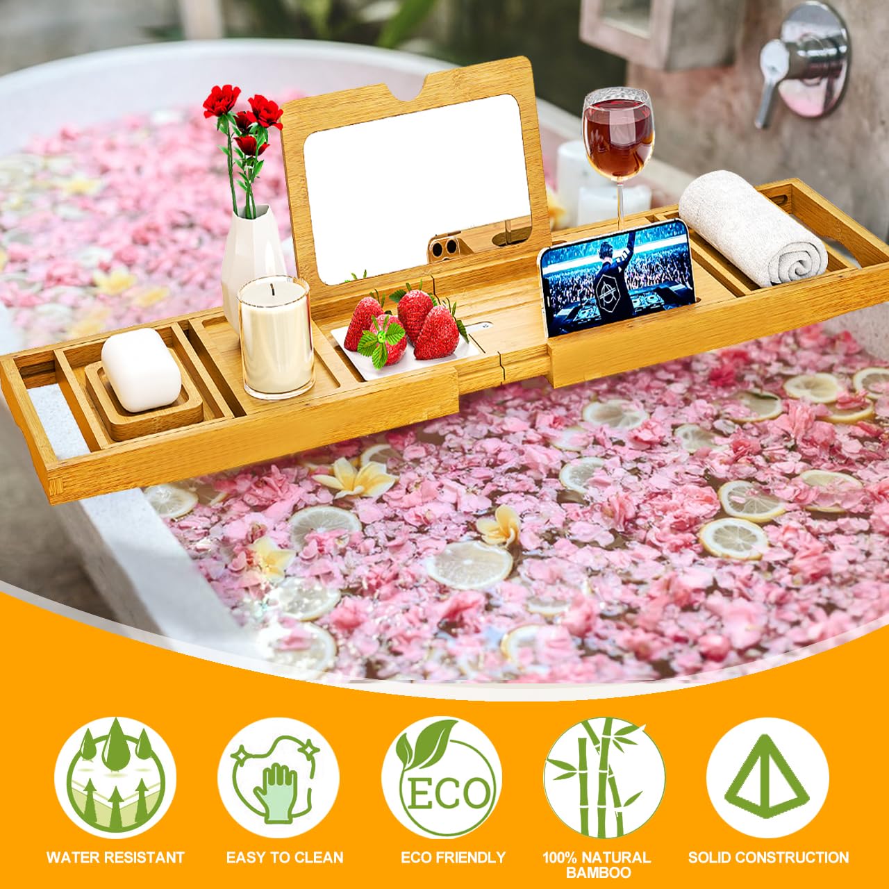 Premium Bathtub Tray Caddy With Makeup Mirror Bamboo - Bath Tray Expandable- Unique House Warming Gifts, New Home, Anniversary &