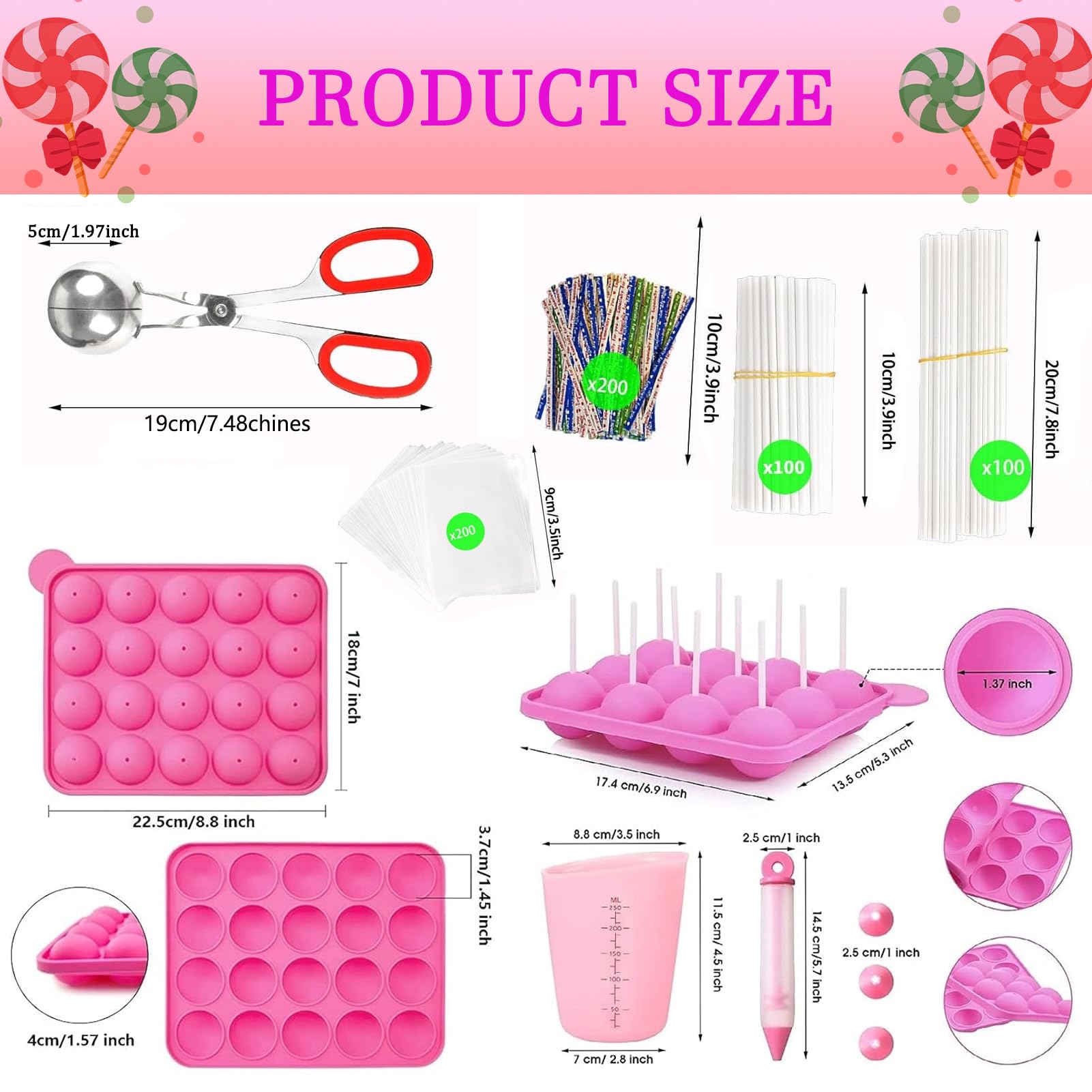 605Pcs Cake Pop Kit,Silicone Lollipop Molds Including Lollipop Sticks,Measuring Cup,Treat Bags,Twist Ties,Decorating Pen,Round M