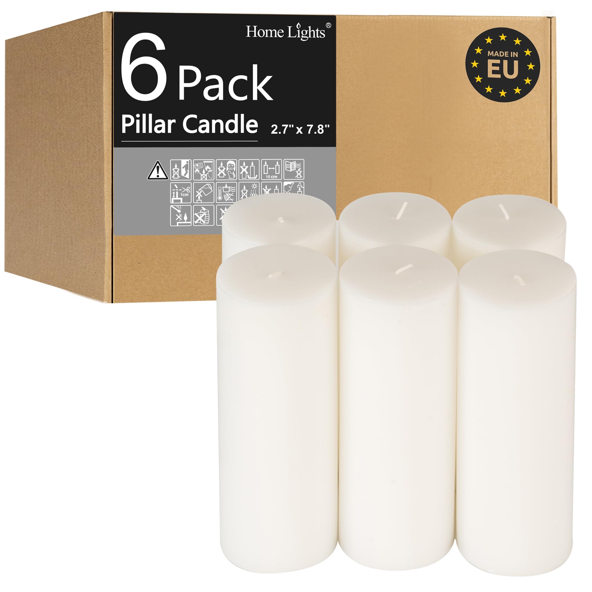 HomeLights Pillar Candles - 2.7x8 inch | 80 Hours Burning, 6 Count - White Unscented Smokeless European Pillar Candles - Perfect