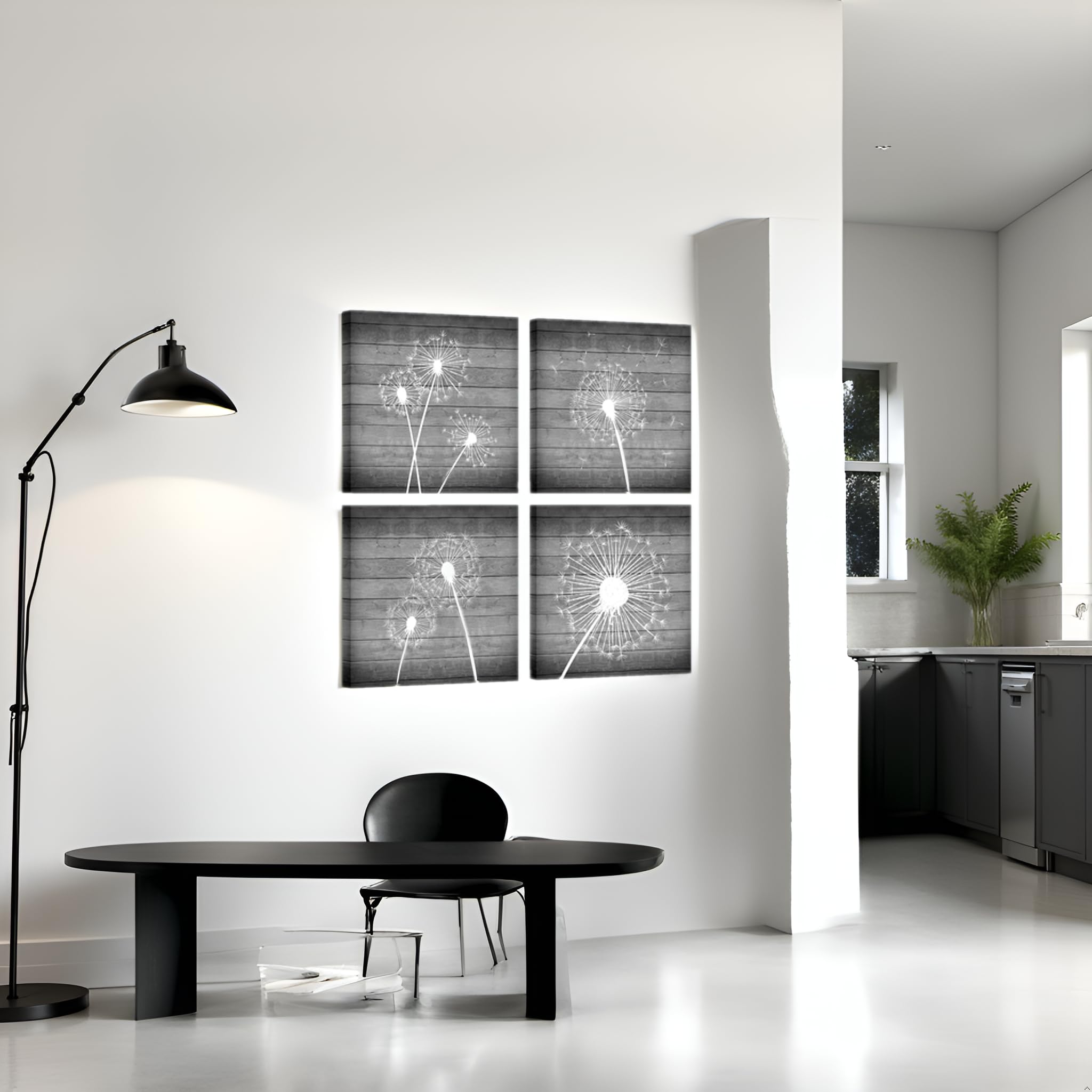 sechars Dandelion Canvas Wall Art White and Grey Paintings Picture Decor Modern Bedroom Bathroom Decorations (12x12inchesx4pcs)