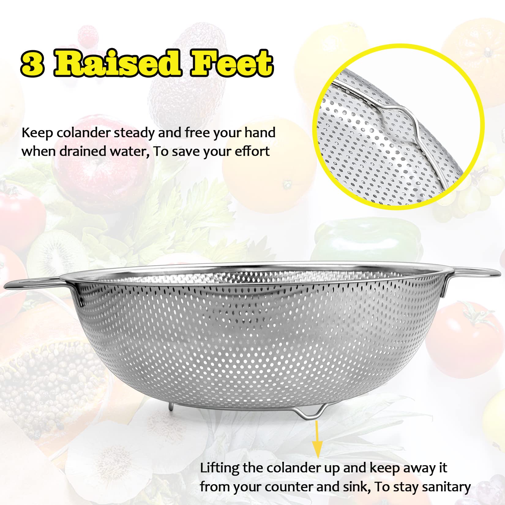 2-Piece Colanders (1 + 3 Qt), P&P Chef Stainless Steel Food Strainer With Handle, Micro-Perforated For Washing Rinsing Draining,