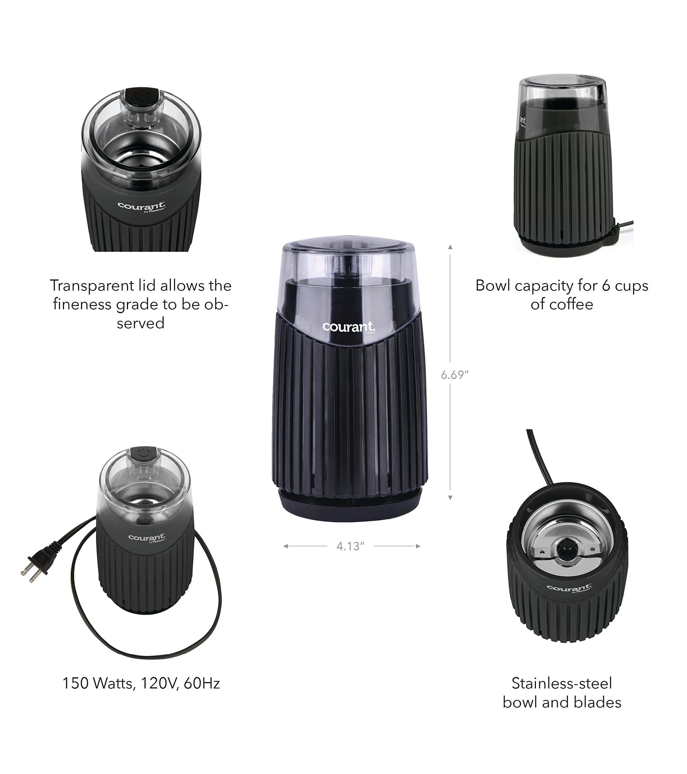 Courant Electric Coffee Grinder For Coffee Beans, Spices Stainless Steel Blades Durable Base, Makes Up To 6-Cups Coffee,150 Watt