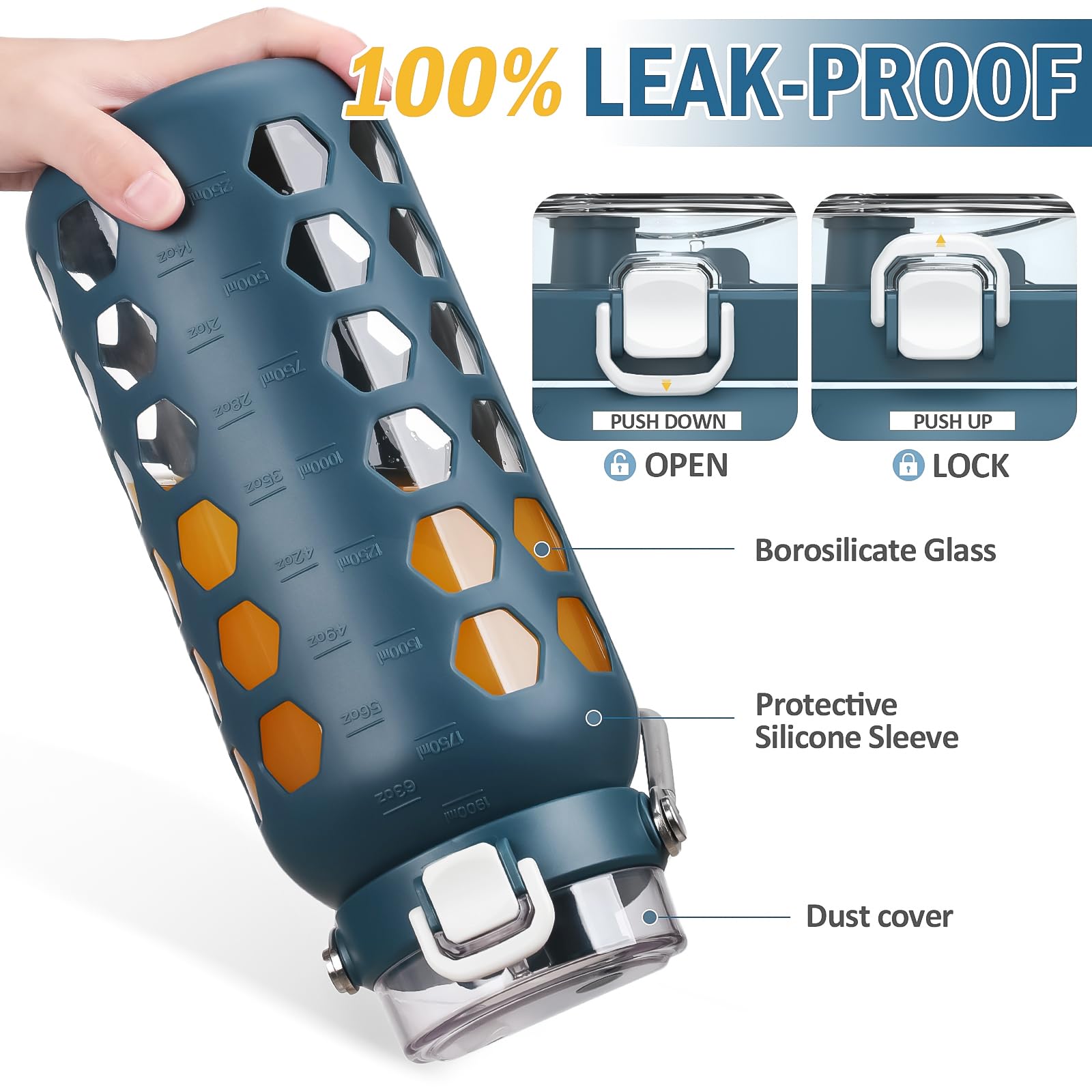 Mukoko 64Oz Glass Water Bottles With Straw And Lid,Half Gallon Water Bottle With Time Marker,Large Glass Water Jug With Silicone