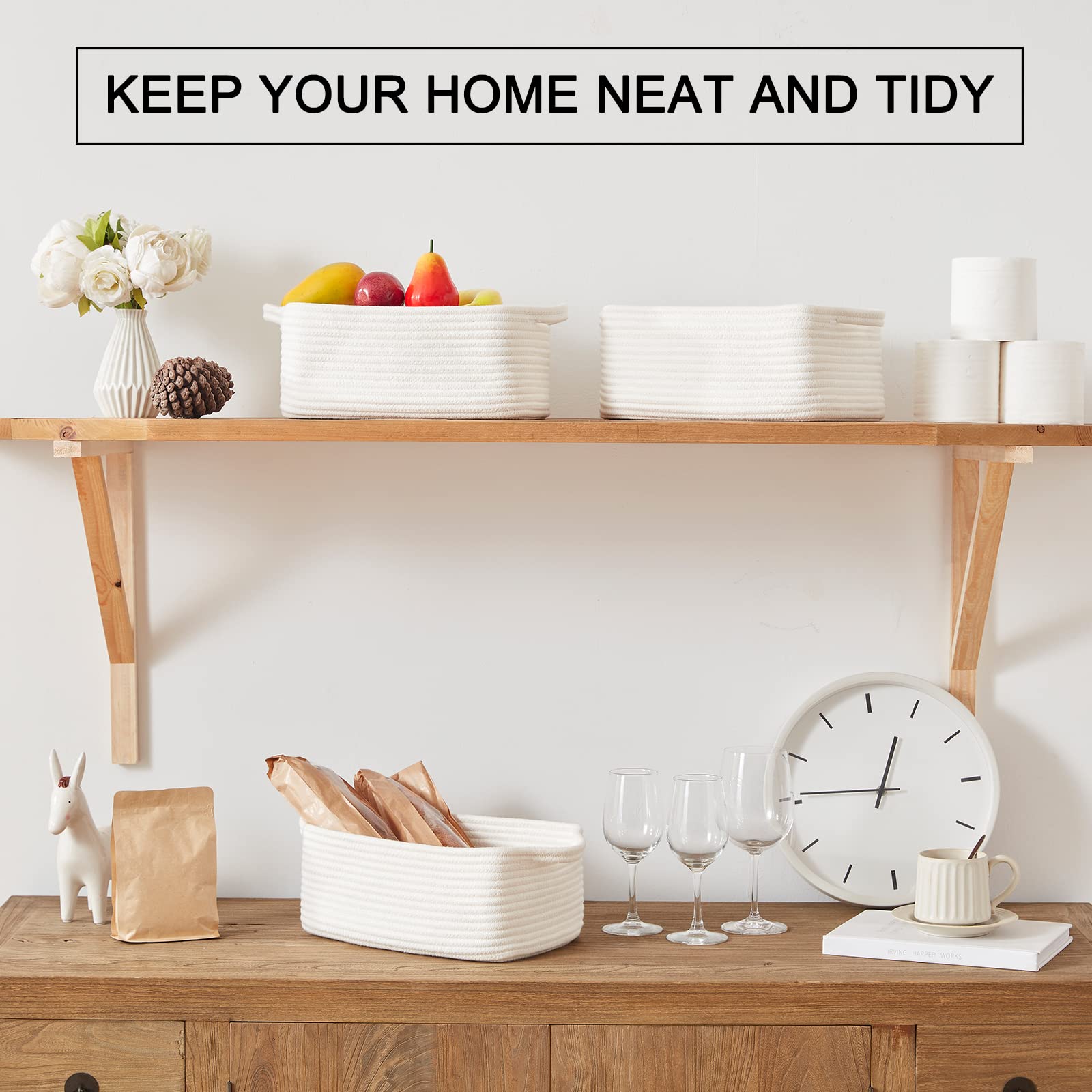 Oiahomy Cotton Rope Baskets, Woven Baskets For Storage, Nursery Storage Baskets, Decorative Storage Bins, Rectangle Storage Bask