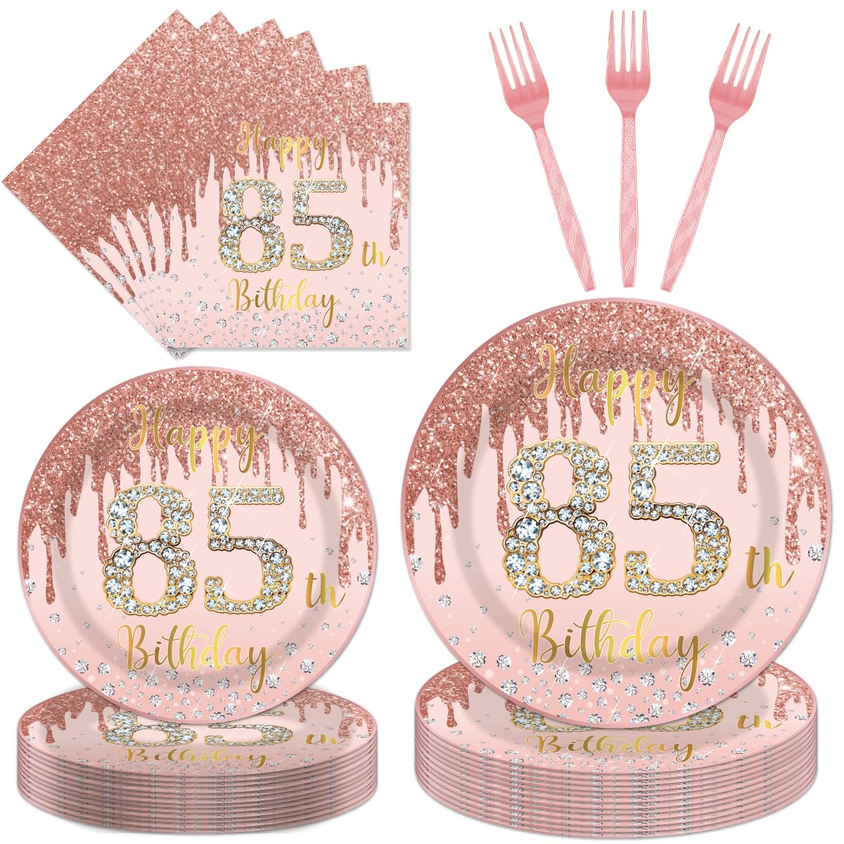 EUOYUFO 96Pcs 85th Birthday Decorations for Women Disposable Tableware Set -Rose Gold Happy 85th Birthday Paper Plates Napkins F