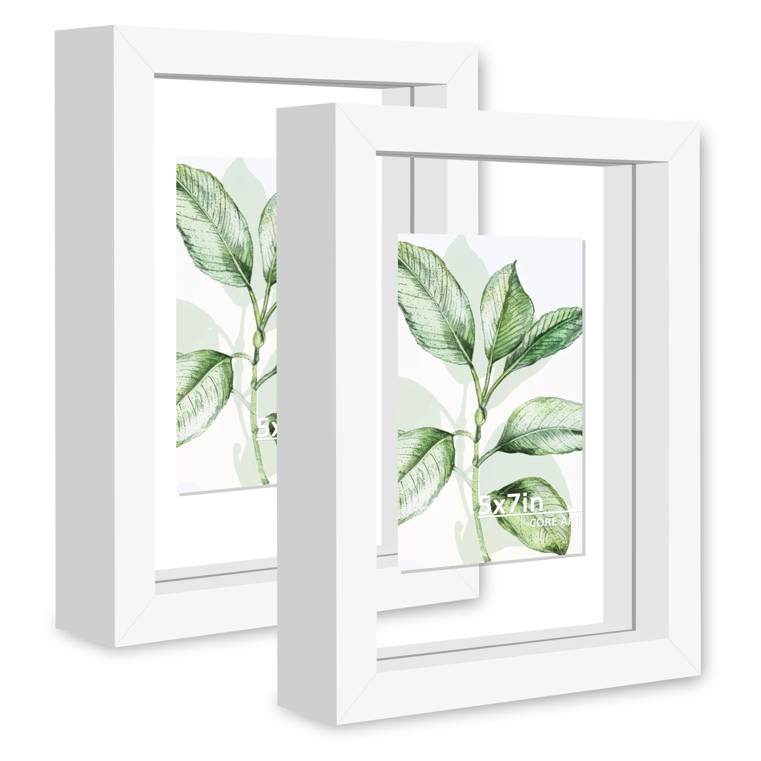 CORE ART 5x7 Floating Picture Frame Set of 2,Double Plexglass Floating Frame for 4x6,3.5x5 Pictures,Wall or Tabletop Display,Whi