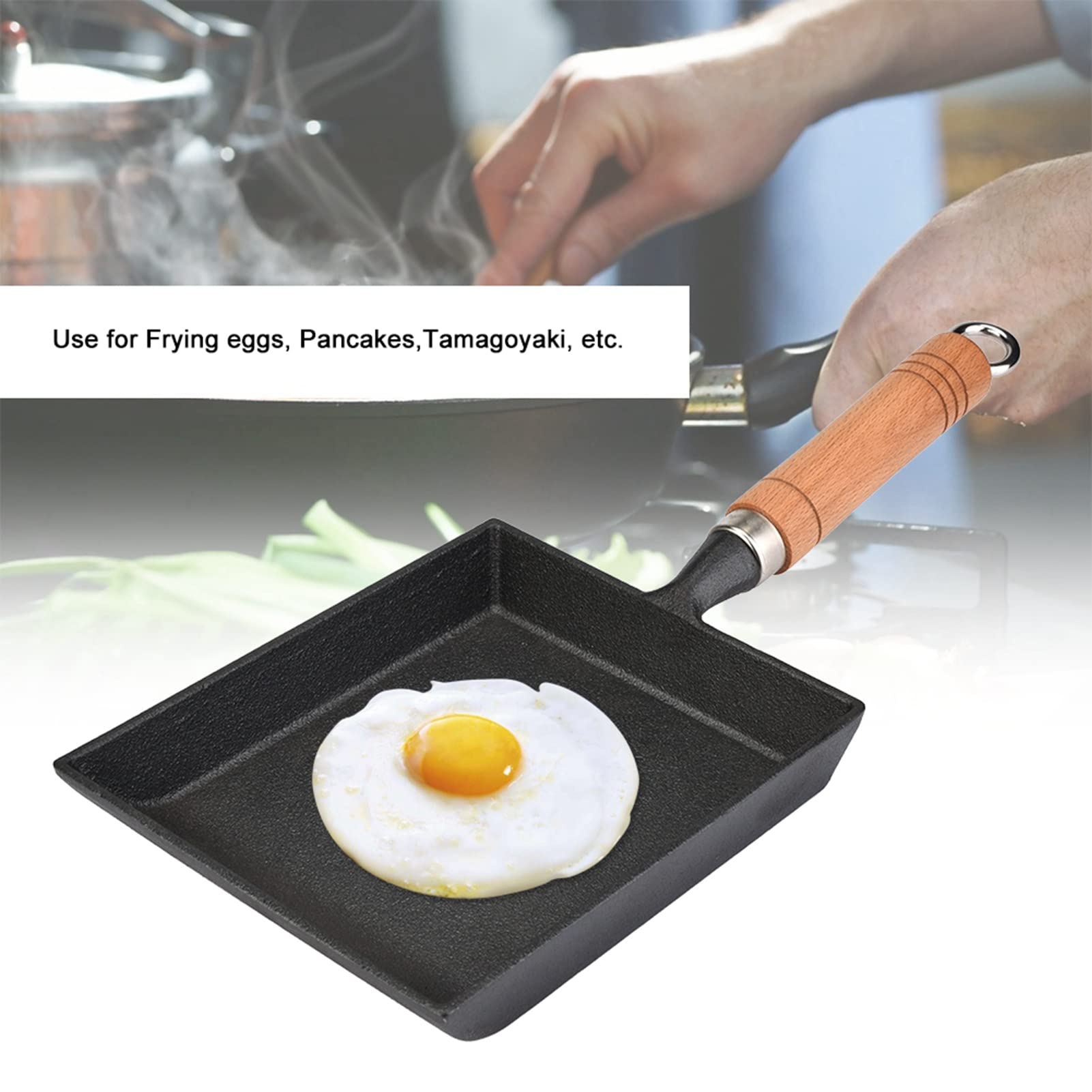 Cast Iron Skillet Tamagoyaki Pan Japanese Omelette Pan Rectangle Frying Pan Non-Stick Egg Pan Grill Pan Wooden Handle Cast Iron
