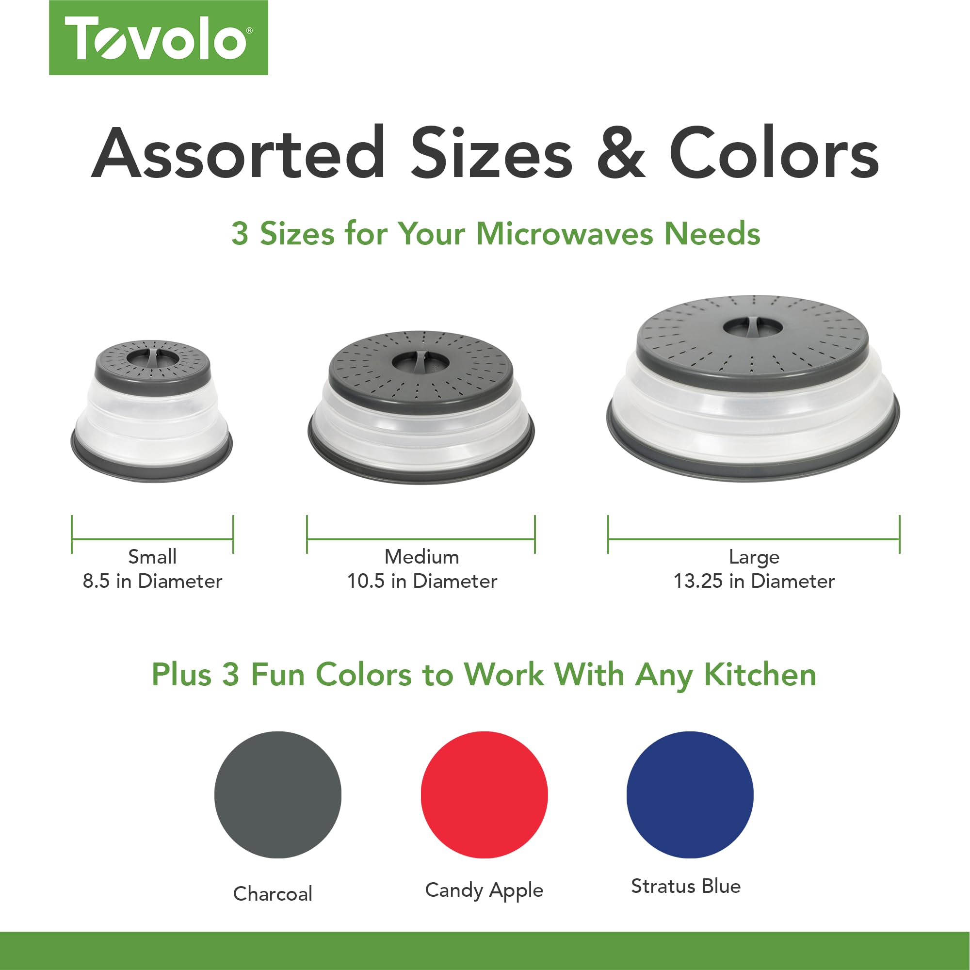 Tovolo Microwave Splatter Cover For Food, 3-Pack (Charcoal) - Collapsible & Vented Silicone Splatter Guard Lid - Microwave Plate