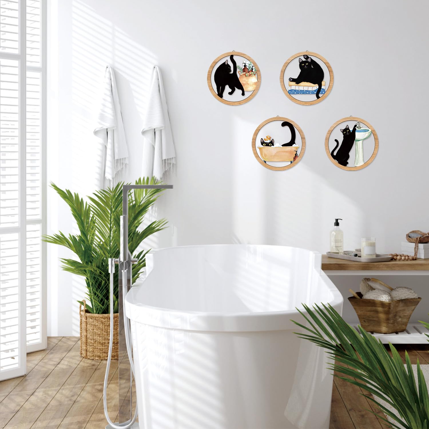 HPNIUB Funny Bathrooms Wall Decor, Black Cats In the Bath Wood Sign, 4 Pieces 10    x10     Farmhouse Wooden Hanging Sign for To
