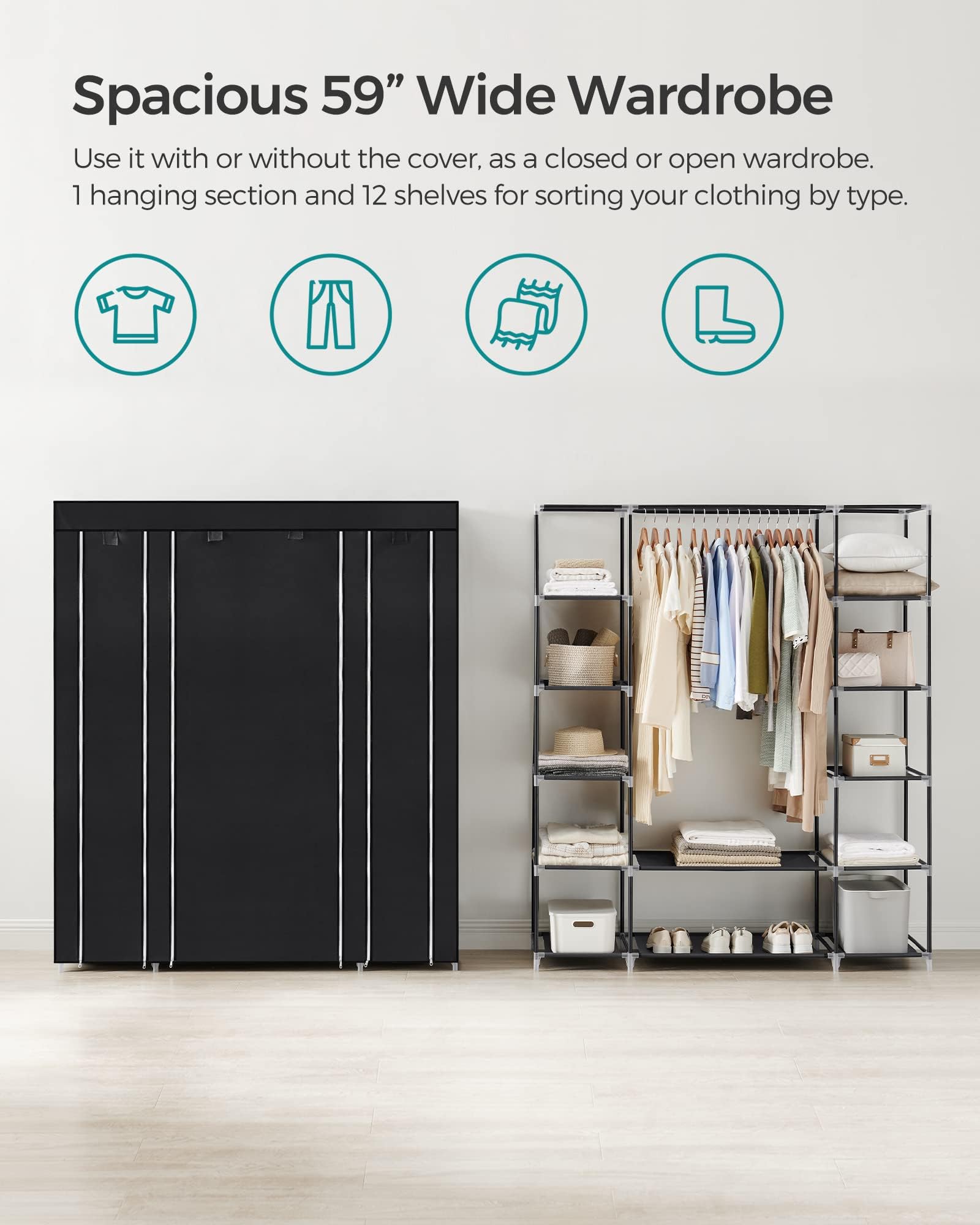 SONGMICS Closet Wardrobe  Portable Closet for Bedroom  Clothes Rail with Non-Woven Fabric Cover  Clothes Storage Organizer  59 x 17.7 x 69 Inches  12 Compartments  Black ULSF03H