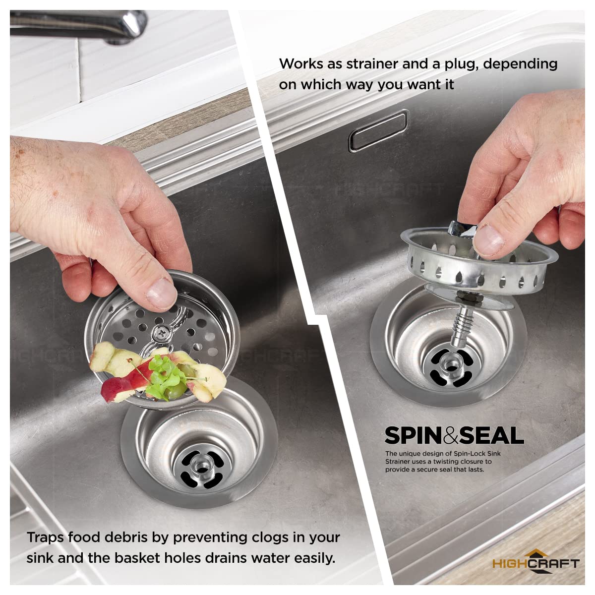 Highcraft Kitchen Sink Drain Assembly - 3.5" Stainless Steel with Strainer Basket & Threaded Stopper, Model 9763