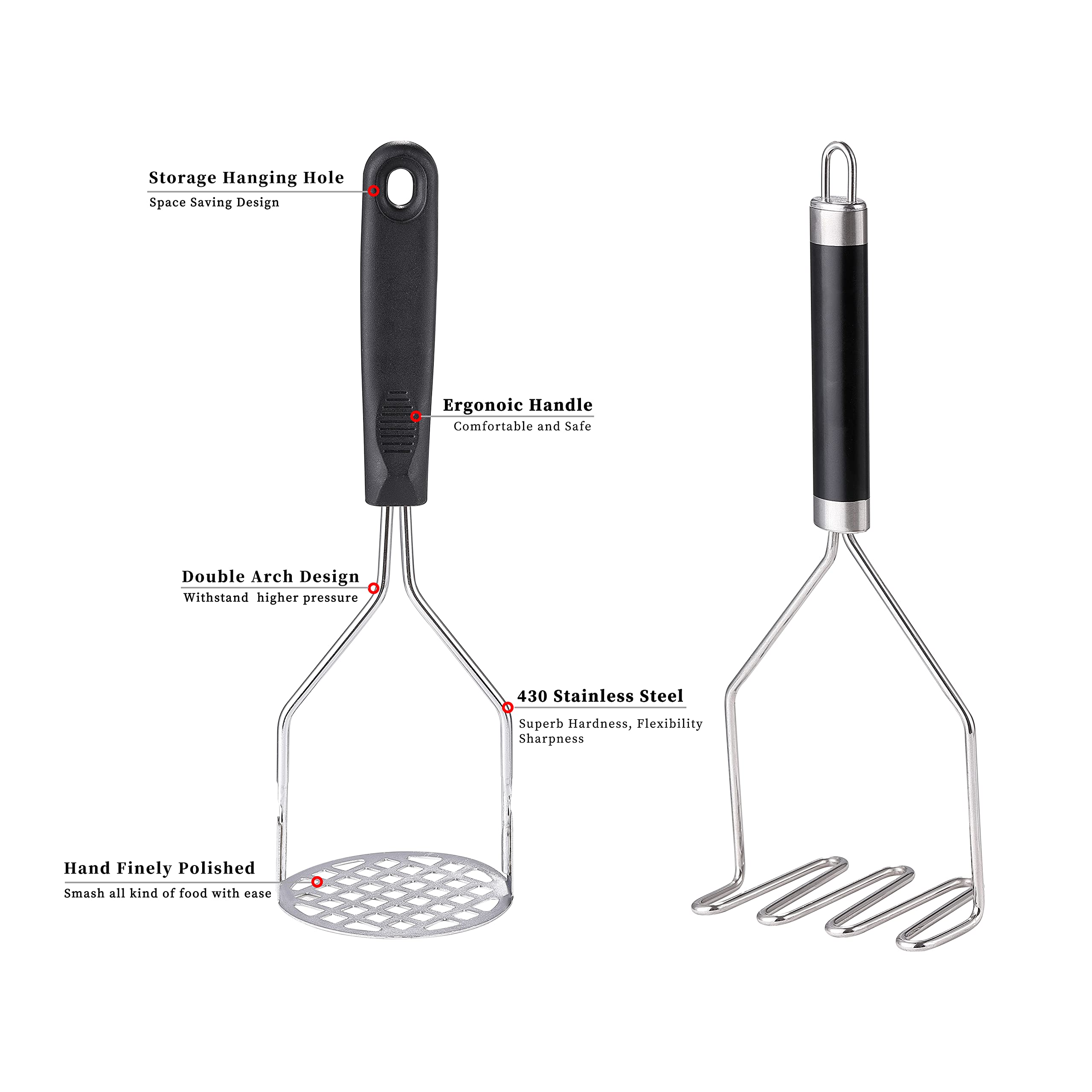 2Pcs Potato Masher, Olulu Heavy Duty Stainless Steel Mashed Potatoes Masher, Masher Kitchen Tool For Avocado, Potatoes, Beans, M