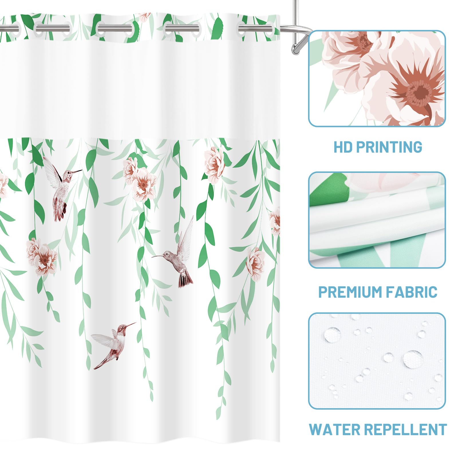 Withloc No Hook Shower Curtain With Snap In Liner - Fabric Waterproof Inner Liner, Plants Green Floral Pink Nature Birds Cloth S