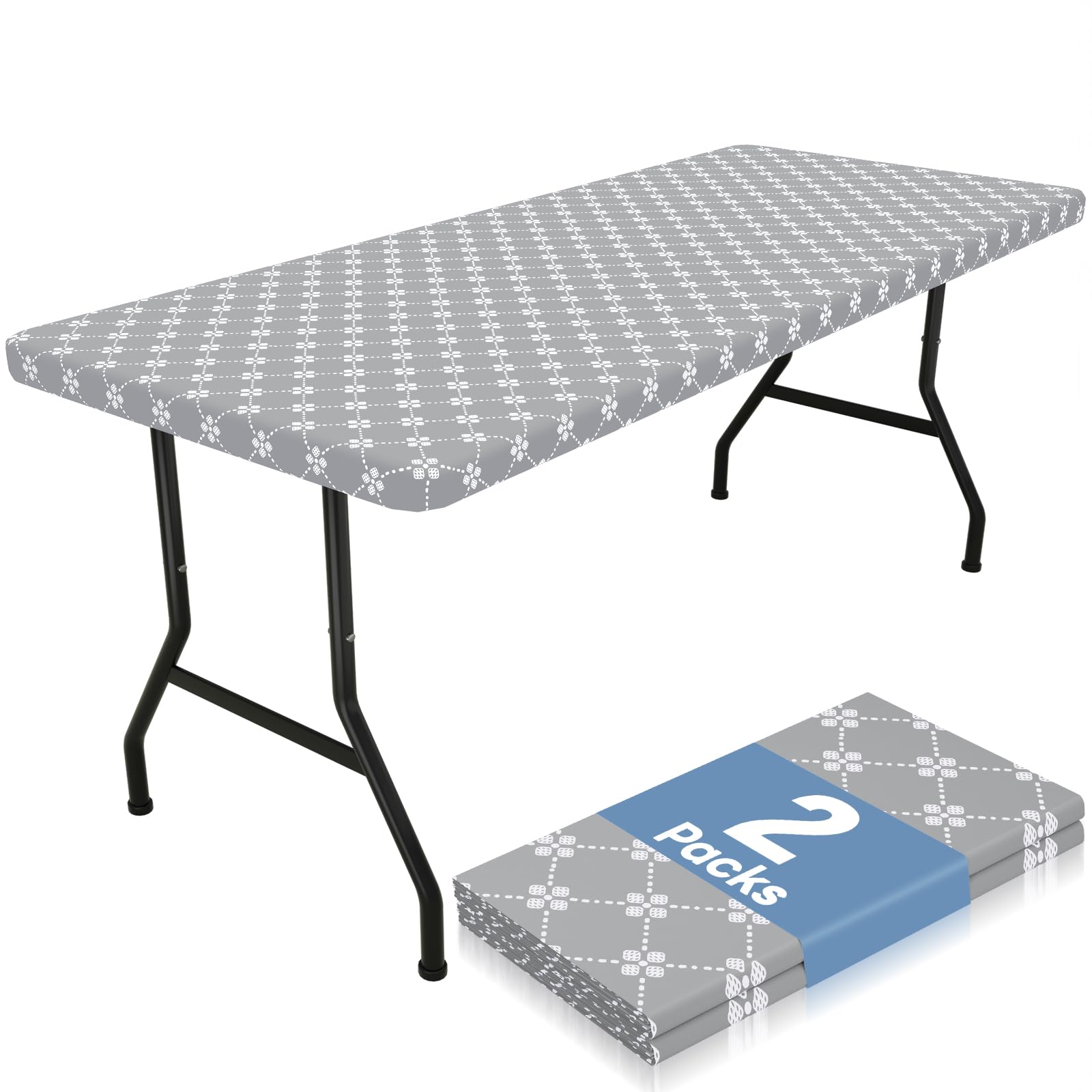 misaya 2 Pack Rectangle Vinyl Table Cloth, Elastic Fitted Tablecloth with Flannel Backing, Waterproof Table Cover Fits 8 Foot Fo