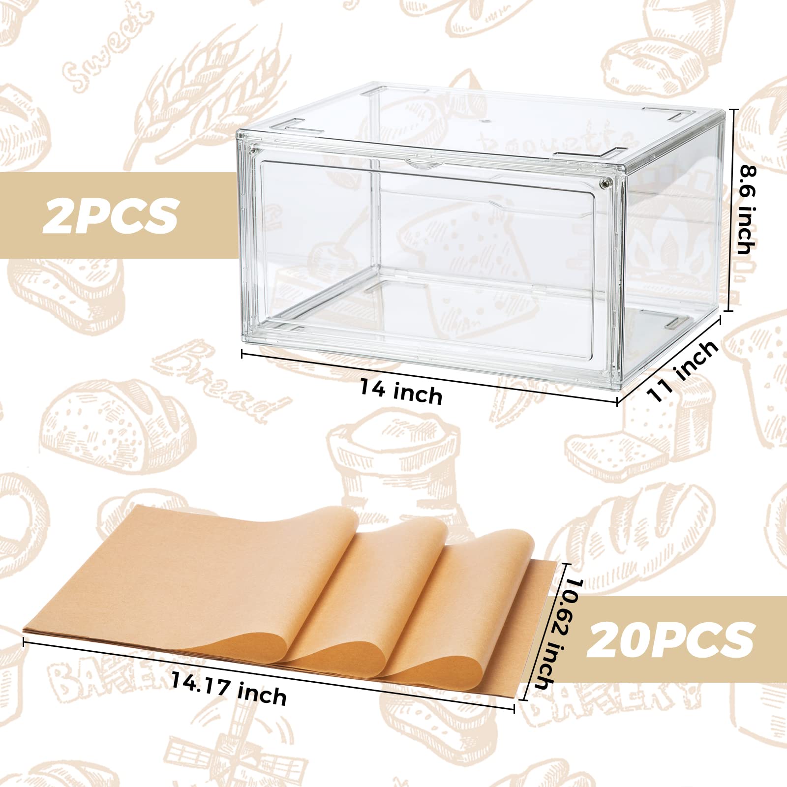 Gropknio 2Pcs Large Bread Box Kitchen Countertop Upgraded - Large Capacity Transparent Bread Rack Storage Box
