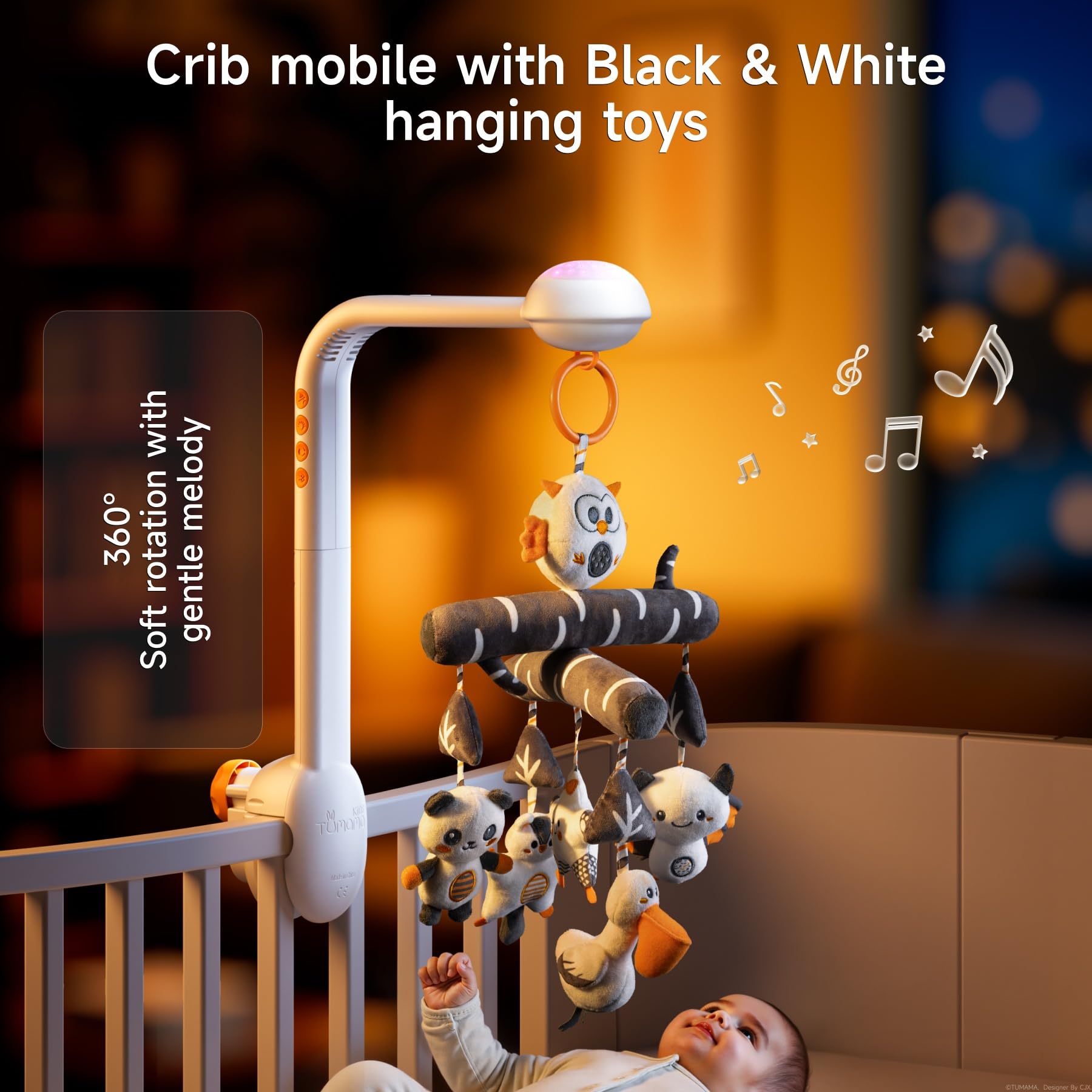 TUMAMA Baby Crib Mobile, High Contrast Baby Crib Toy with Projection Night Light, Music and White Noise, Soft Plush Animal Black