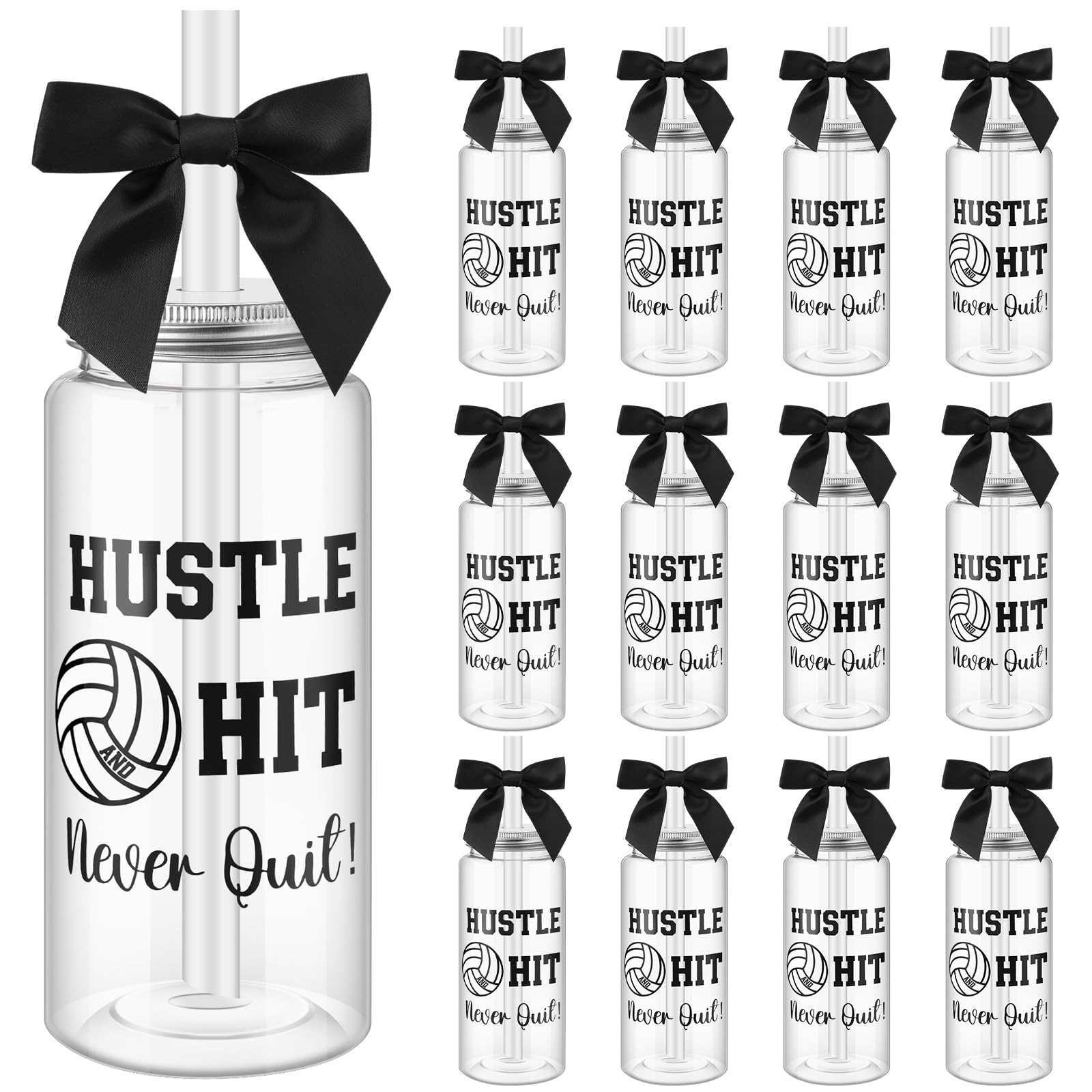 Jingmore 12 Pcs Volleyball Plastic Cups Clear Bottle with Straw Lid and Bow